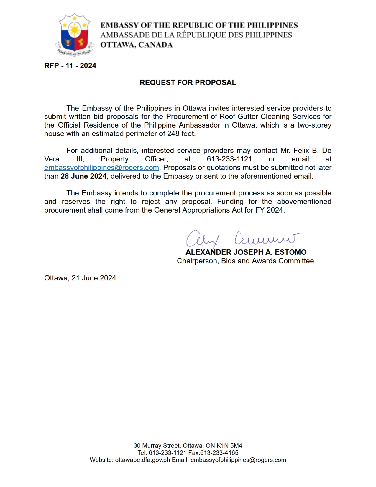 RFP 11 2024 Request for Proposal for the Procurement of Roof Gutter Cleaning Services for the Official Residence of the Philippine Ambassador in Ottawa 001