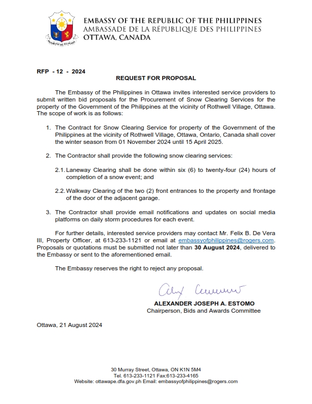 RFP 12 2024 Snow Clearing Services for the property of the Government of the Philippines at the vicinity of Rothwell Village Ottawa 001