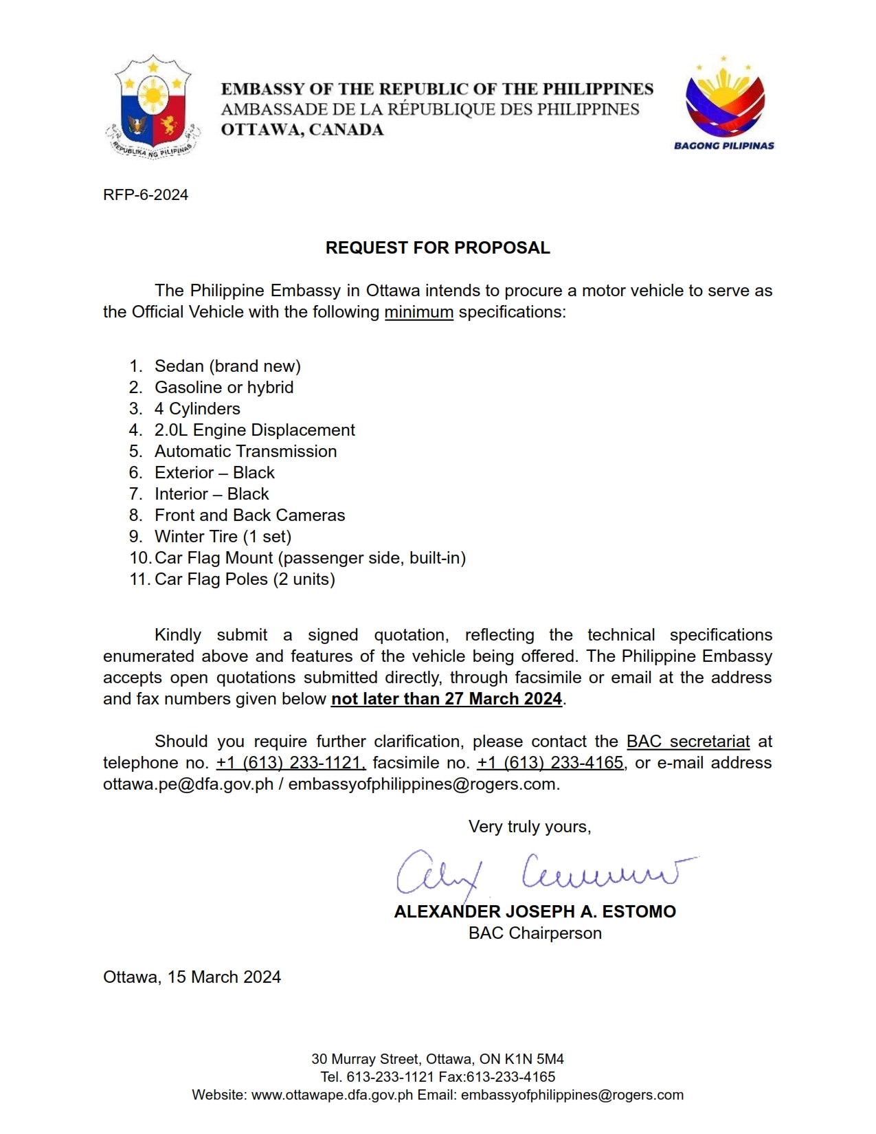 RFP 6 2024 Procurement of a Motor Vehicle to Serve as Official Vehicle of the Philippine Embassy 001