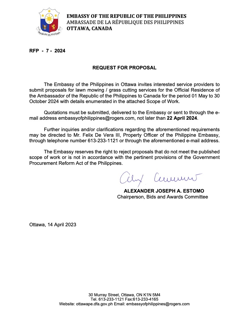 RFP 7 2024 Request for Proposal for Lawn Mowing Grass Cutting Services for the Official Residence of the Philippine Ambassador