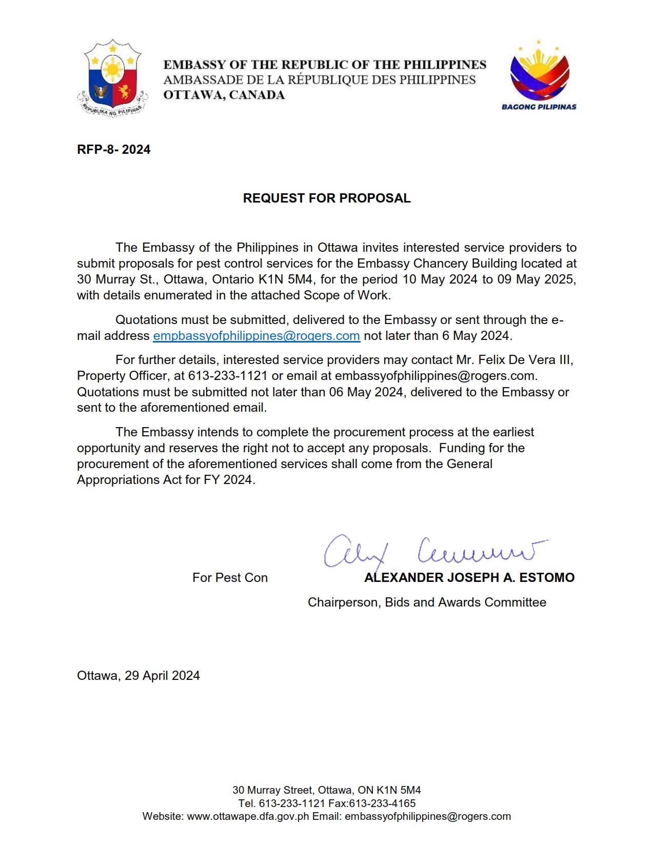 RFP 8 2024 Request for Proposal for Pest Control SErvices for the Embassy Chancery Building 001