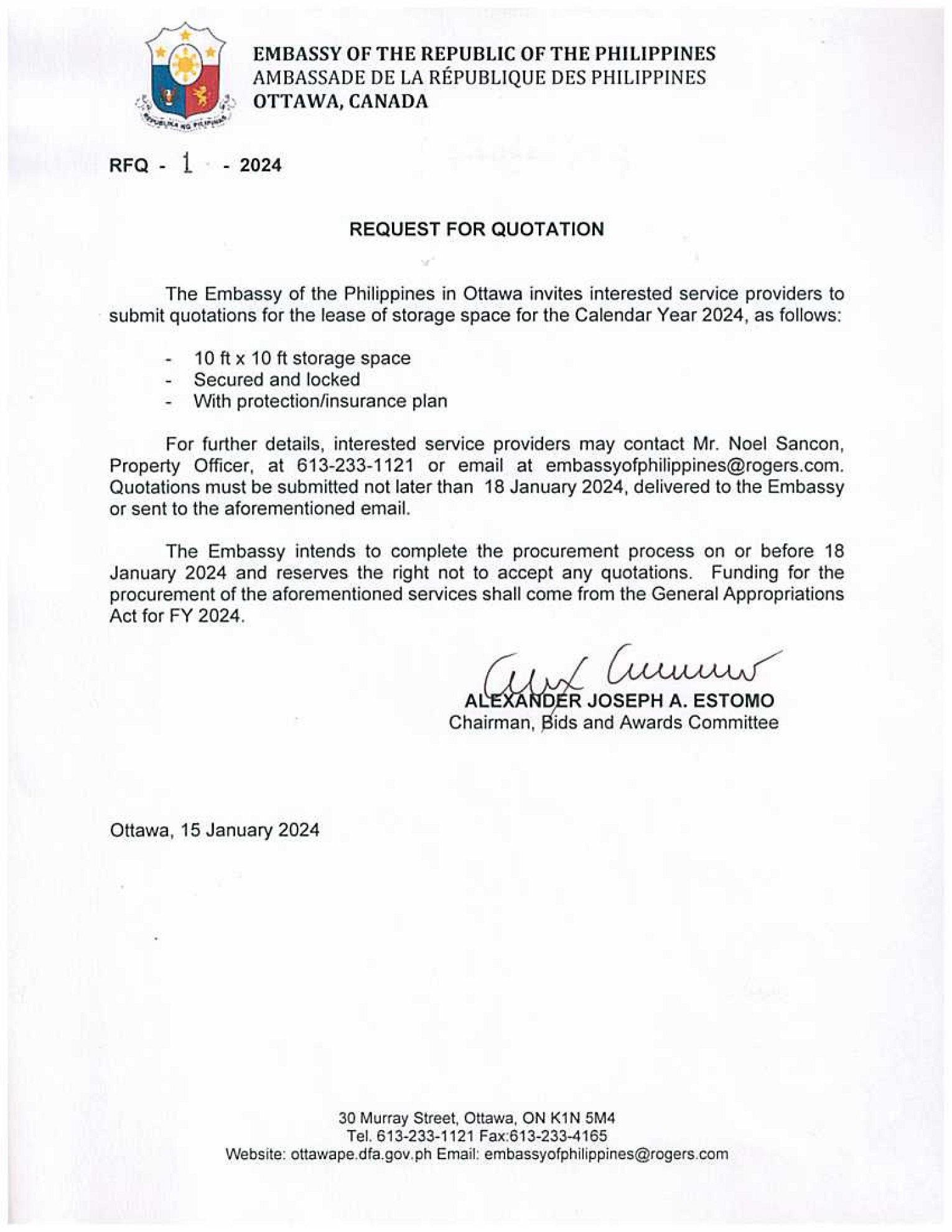 RFQ 1 2024 Lease of Storage Space for the Calendar Year 2024 001
