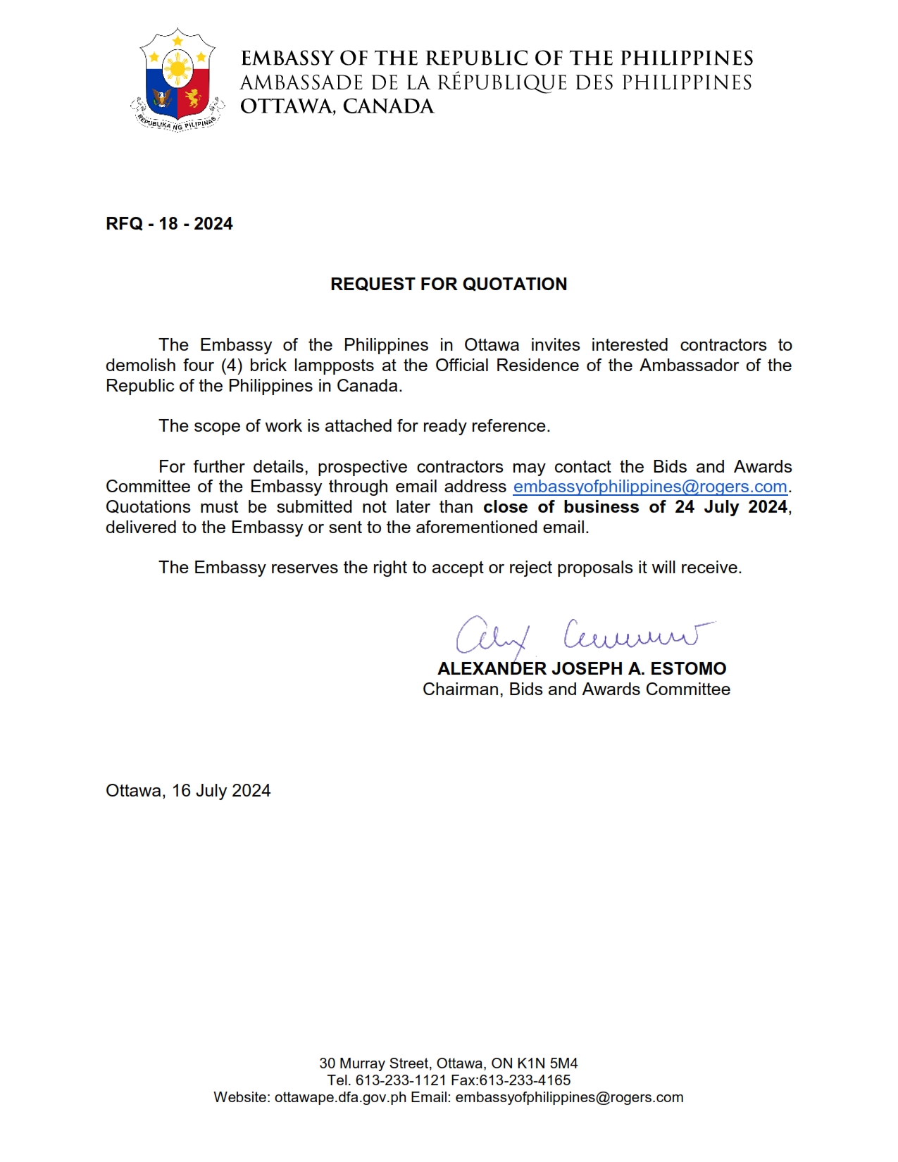 RFQ 18 2024 Demolition of the Brick Lampposts at the Official Residence 001