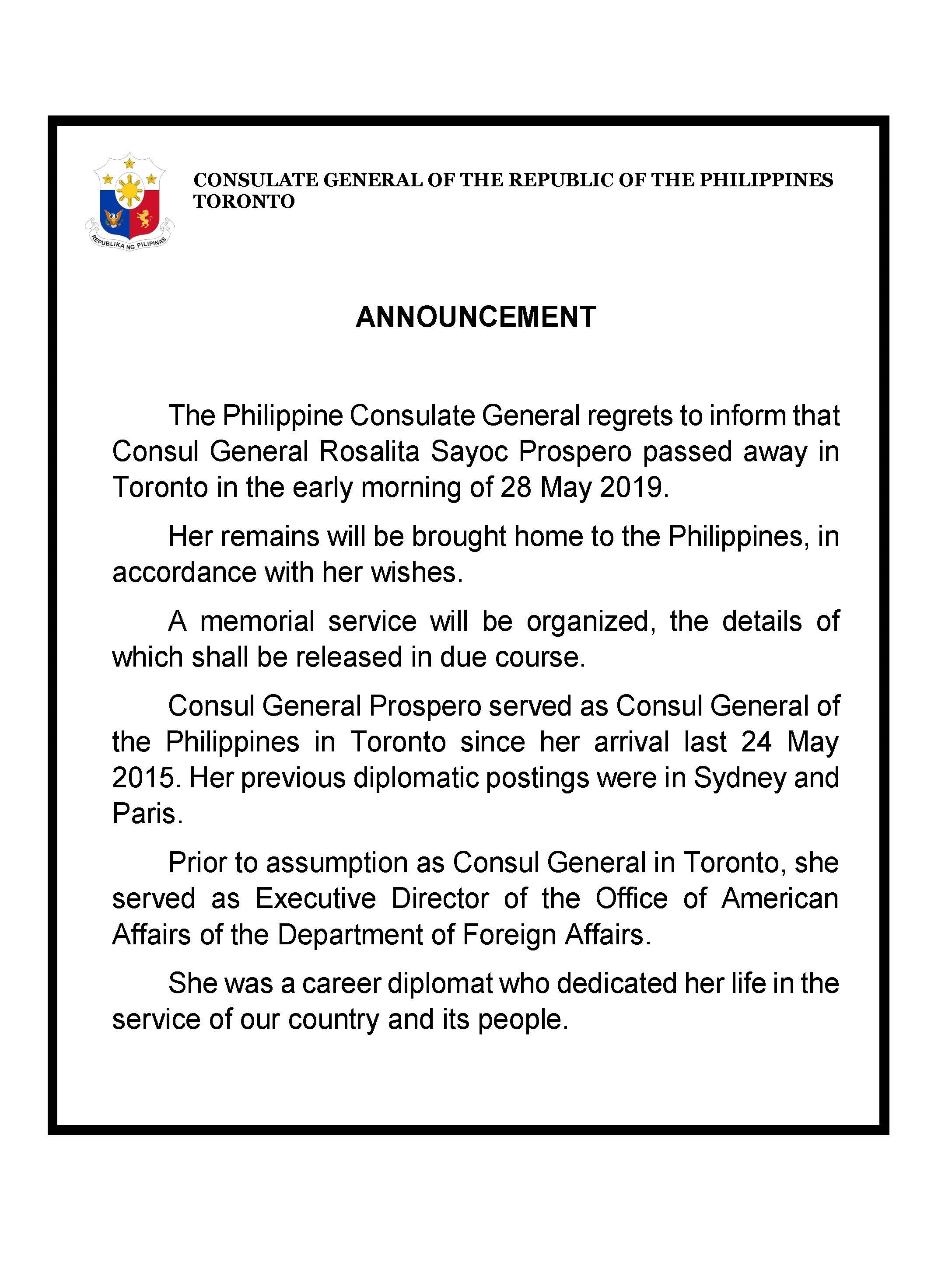 PR 80 Demise of Consul General Rosalita Prospero