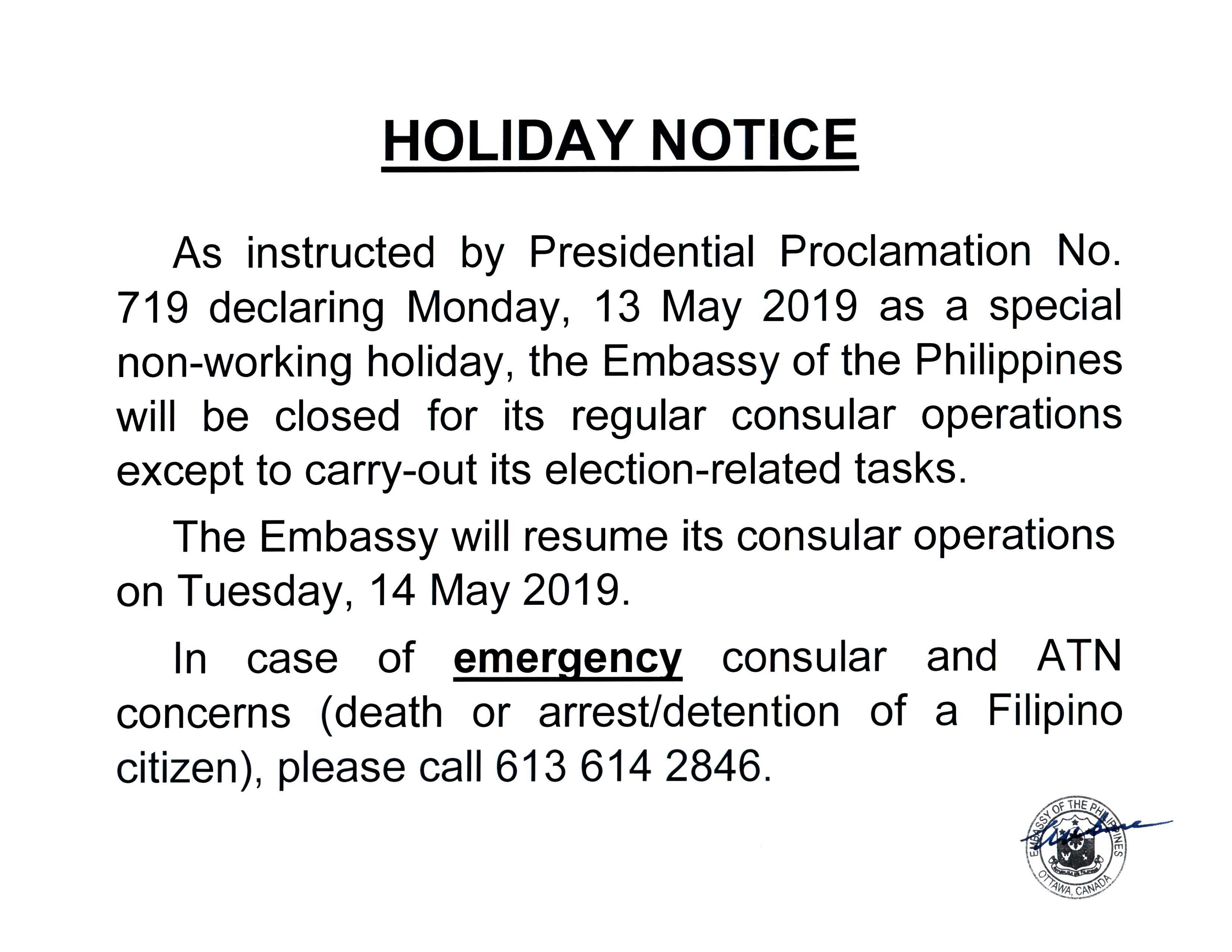 PR 71 Holiday Notice 13 May 2019 