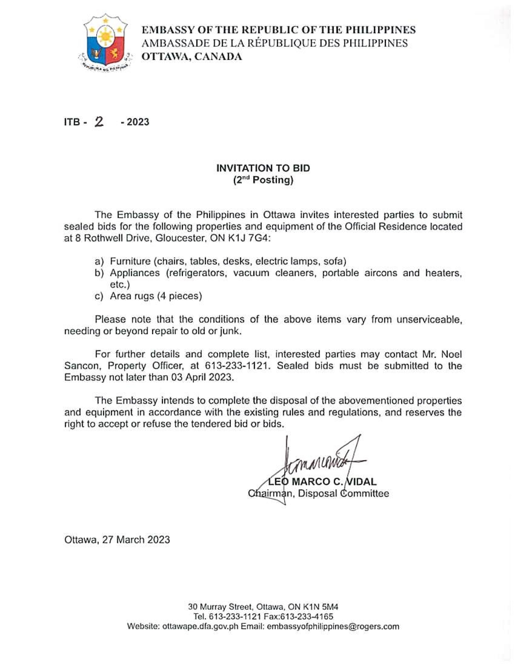 ITB 2 2023 Properties and Equipment of the Official Residence of the Philippine Embassy