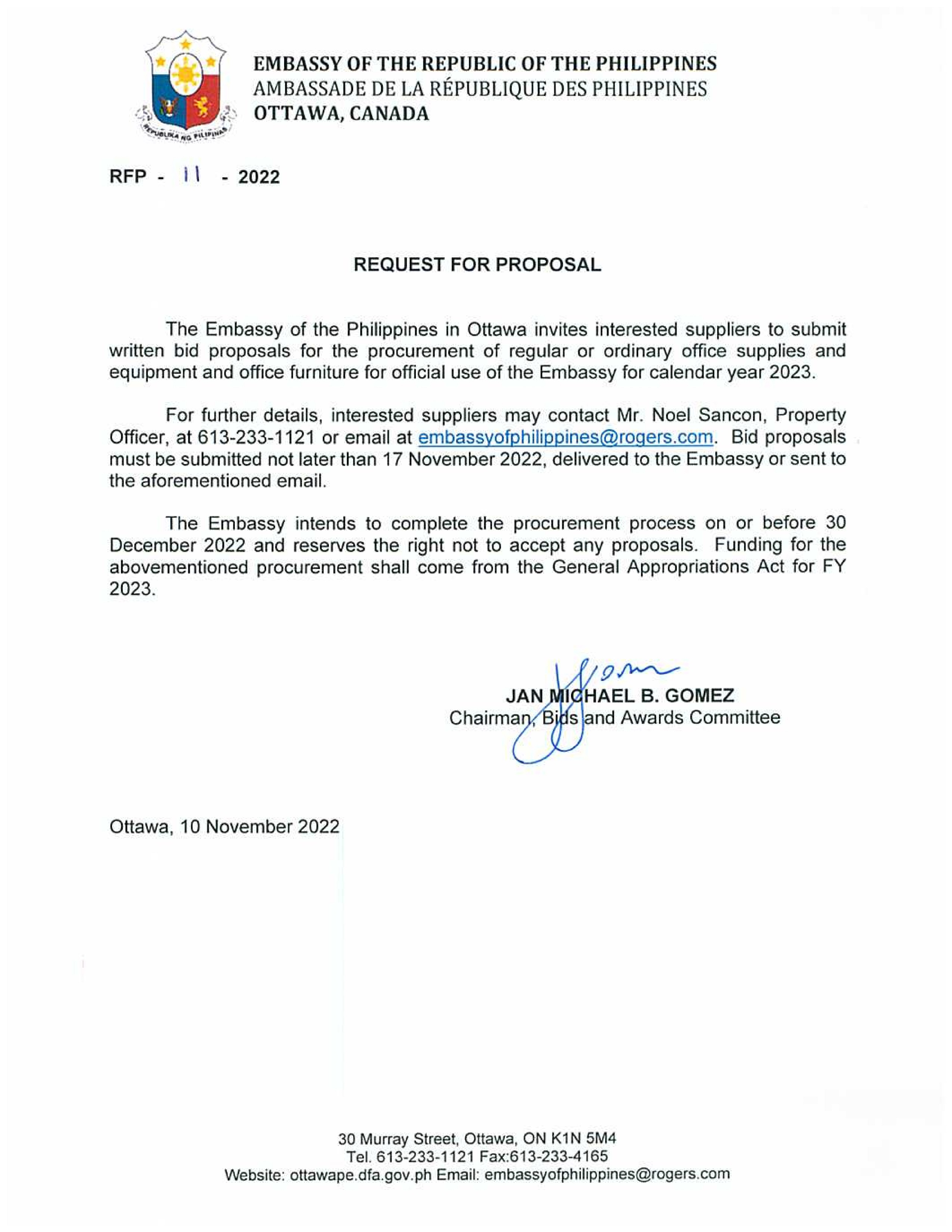RFP 11 2022 Office Supplies and Equipment and Office Furniture for official use of the Embassy for 2023 001