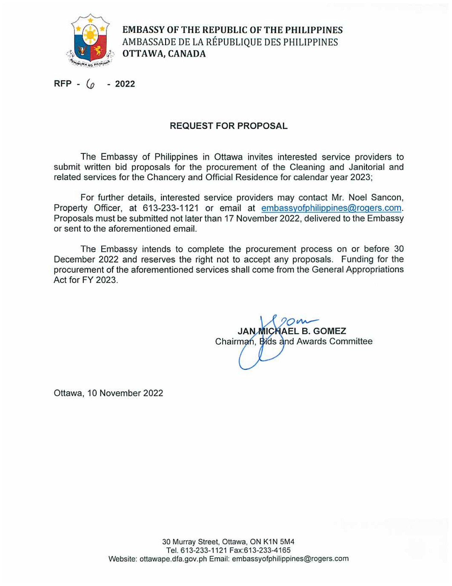 RFP 6 2022 Cleaning and Janitorial and Related Services for the Chancery and Official Residence for 2023