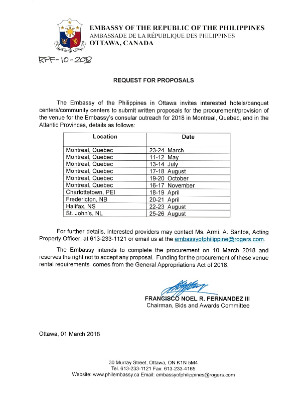 RPF 10 2018 INVITATION FOR THE PROCUREMENT PROVISION OF THE VENUE FOR THE EMBASSY CONSULAR OUTREACH MISSION FOR 2018 IN MONTREAL 001