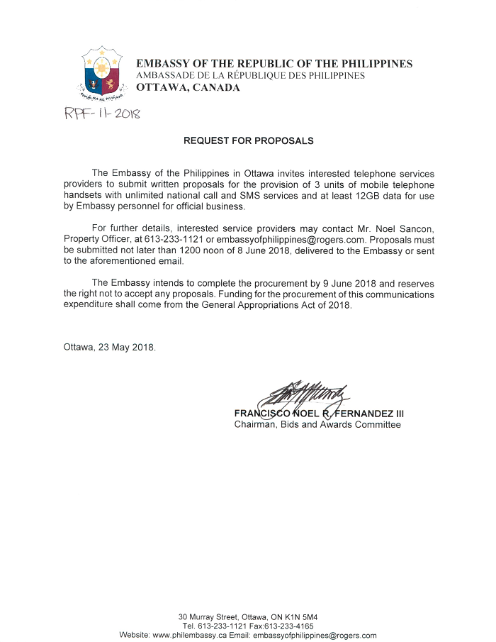RPF 11 2018 INVITATION TO BID FOR THE PROVISION OF THREE UNITS OF MOBILE TELEPHONE HANDSETS 001