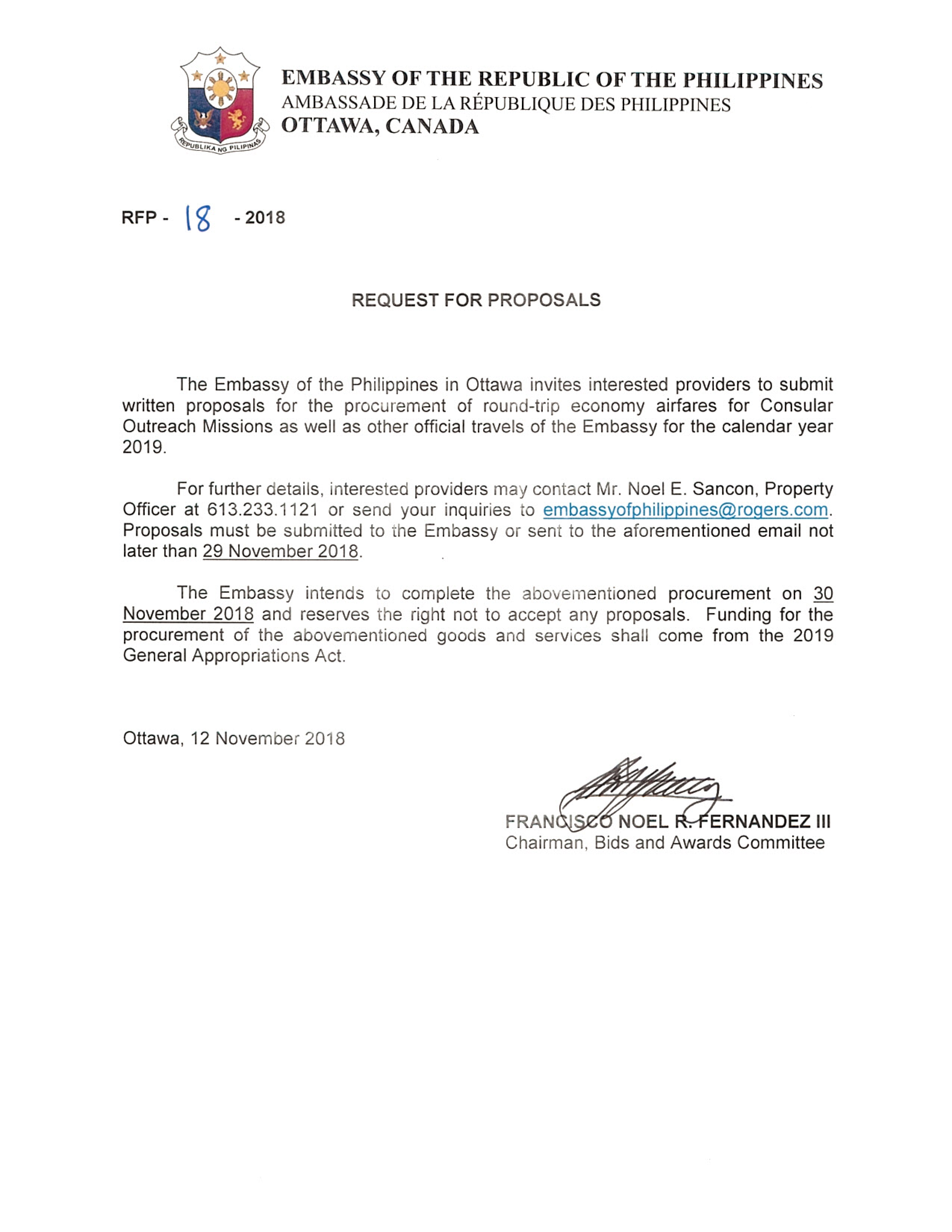 RPF 18 2018 INVITATION TO SUBMIT PROPOSALS FOR THE PROCUREMENT OF ROUNDTRIP ECONOMY AIRFARE FOR CONSULAR OUTREACH MISSIONS 001
