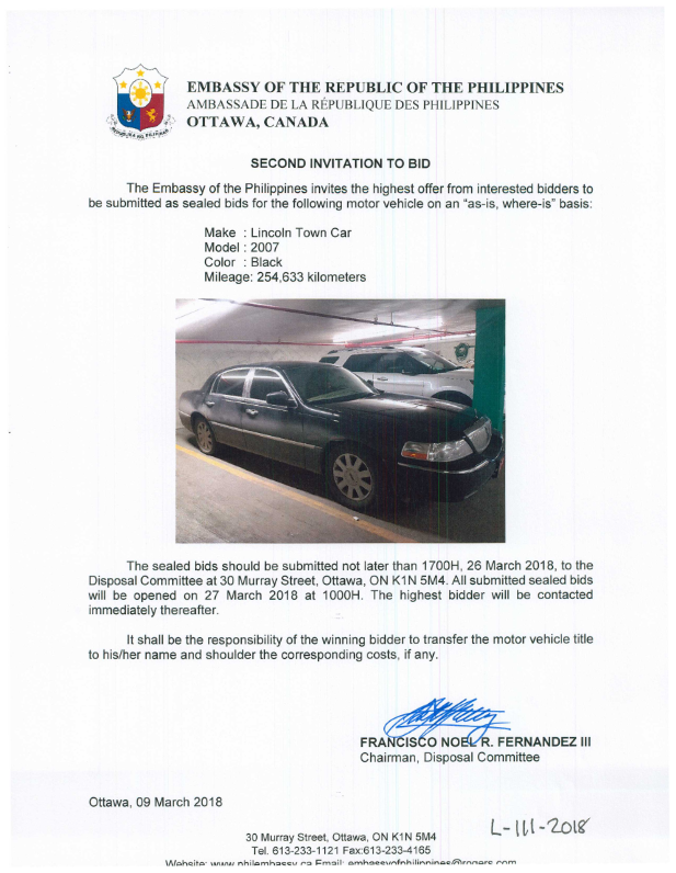 L 111 2018 SECOND INVITATION TO BID LINCOLN TOWN CAR 001