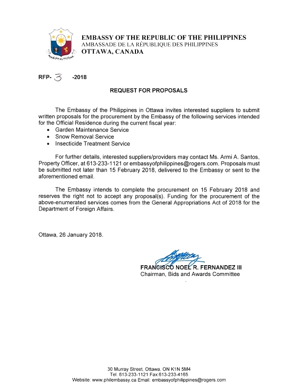 RPF 3 2018 INVITATION TO SUBMIT WRITTEN PROPOSALS FOR PROCUREMENT OF SERVICES GARDEN MAINTENANCE SERVICE SNOW REMOVAL SERVICE INSECTICIDE TREATMENT SERVICE 001