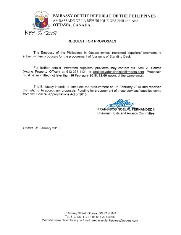 RPF 5 2018 INVITATION TO SUBMIT WRITTEN PROPOSALS FOR THE PROCUREMENT OF FOUR UNITS OF STANDING DESKS 001