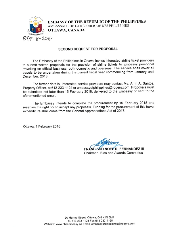 RPF 8 2018 INVITATION TO SUBMIT WRITTEN PROPOSAL FOR PROCUREMENT OF AIRLINE TICKETS FOR OFFICIAL BUSINESS TRAVEL DOMESTIC AND INTERNATIONAL 001
