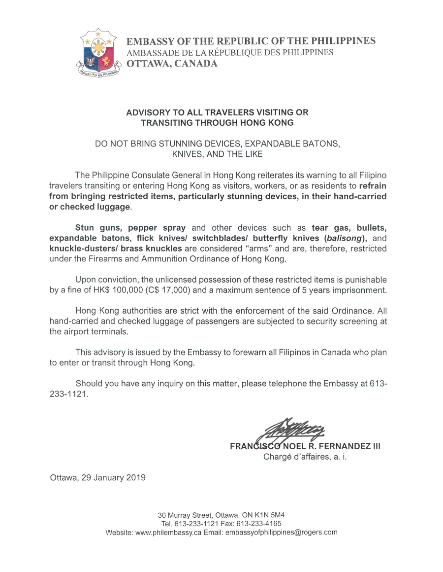 PR 11 2019 Advisory to all travelers visiting or transiting through Hong Kong 001