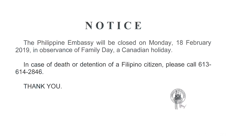 PR 16 201 Notice of Ottawa PE Closure on 18 February 2019 Family Day