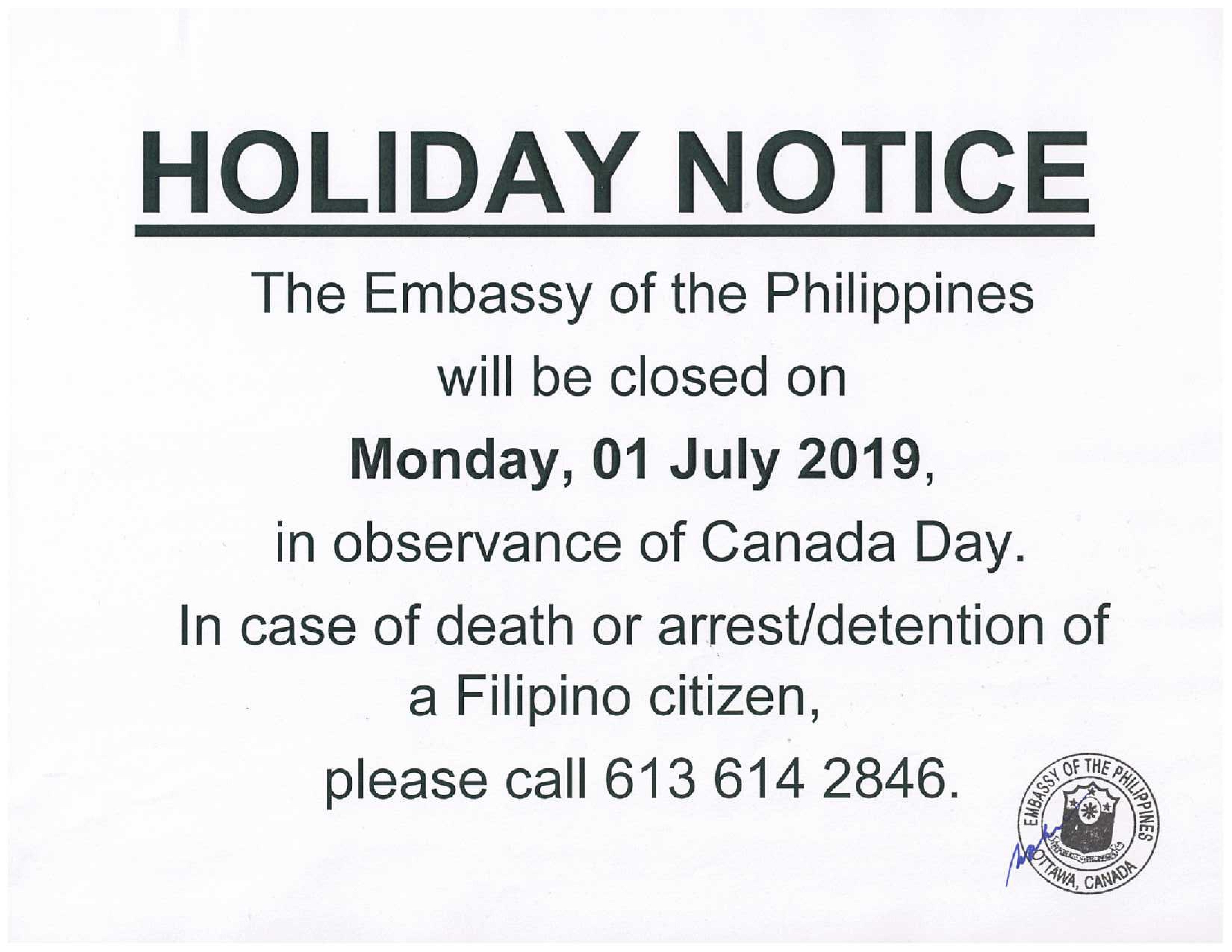 PR 105 2019 Holdiay Notice 01 July 2019 Canada Dayv