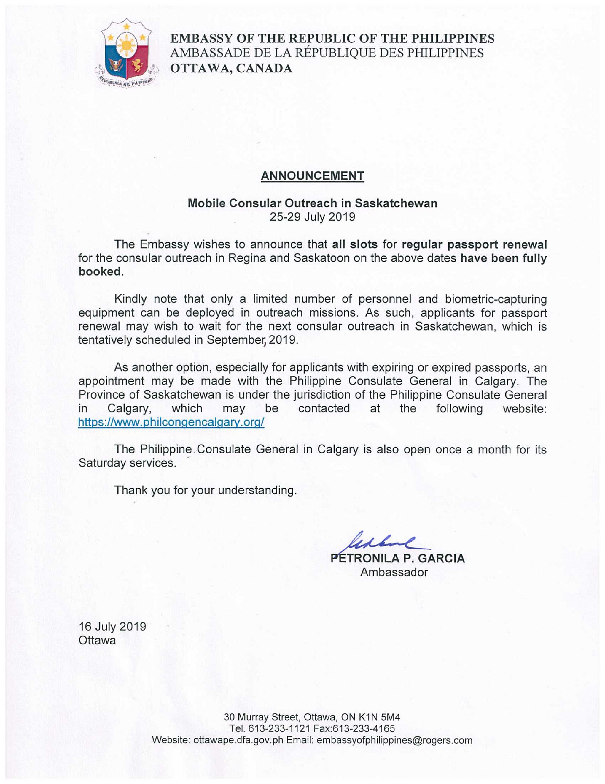 PR 117 Mobile Consular Outreach in Saskatchewan 25 29 July 2019 Fully Booked 001