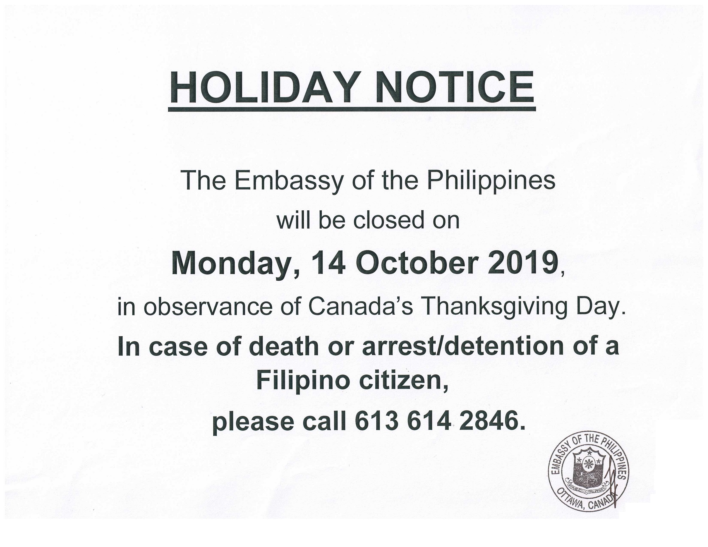 PR 160 2019 Holiday Notice Monday 14 October 2019 in observance of Canada Thanksgiving Day 001