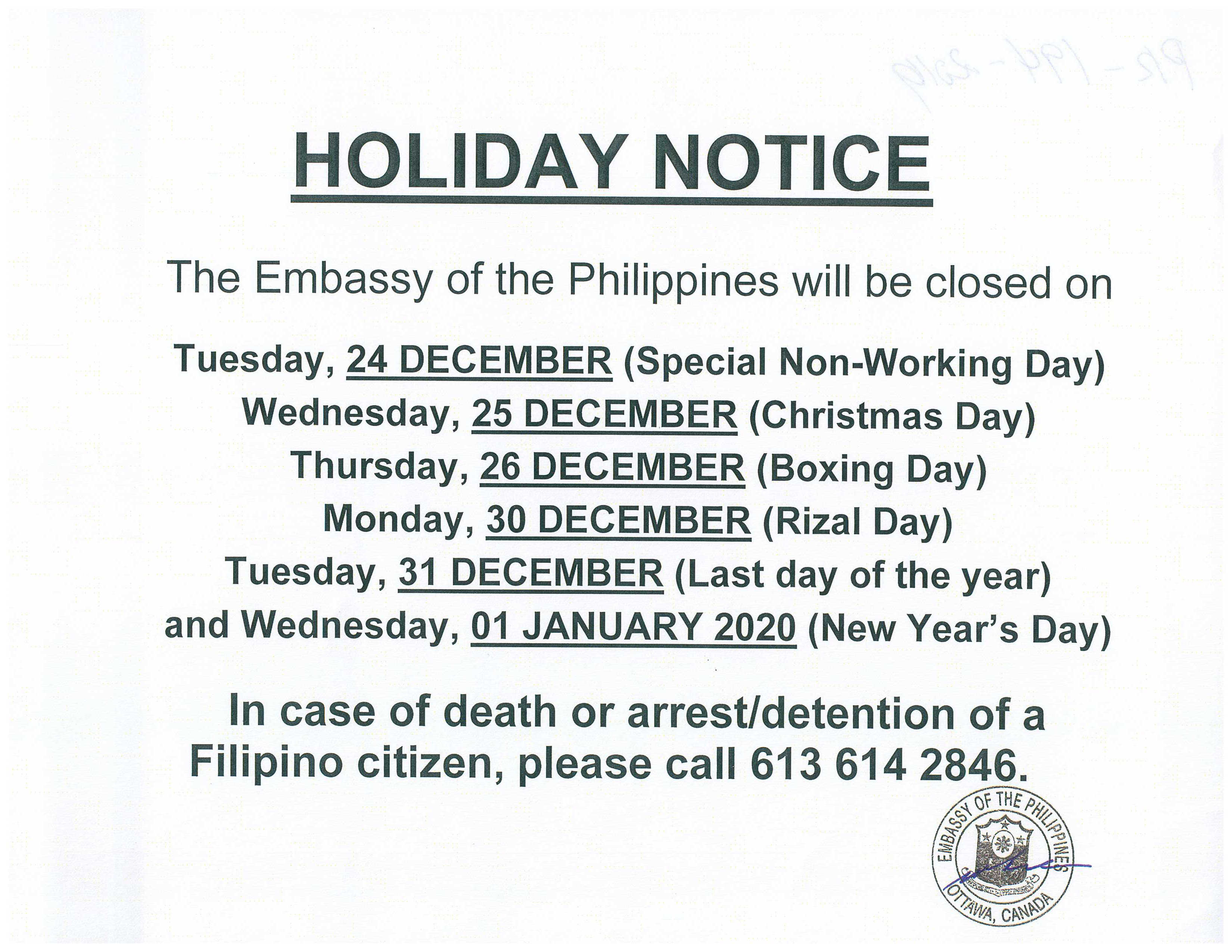 PR 194 2019 Holiday Notice December 2019 and Januaruy 2020