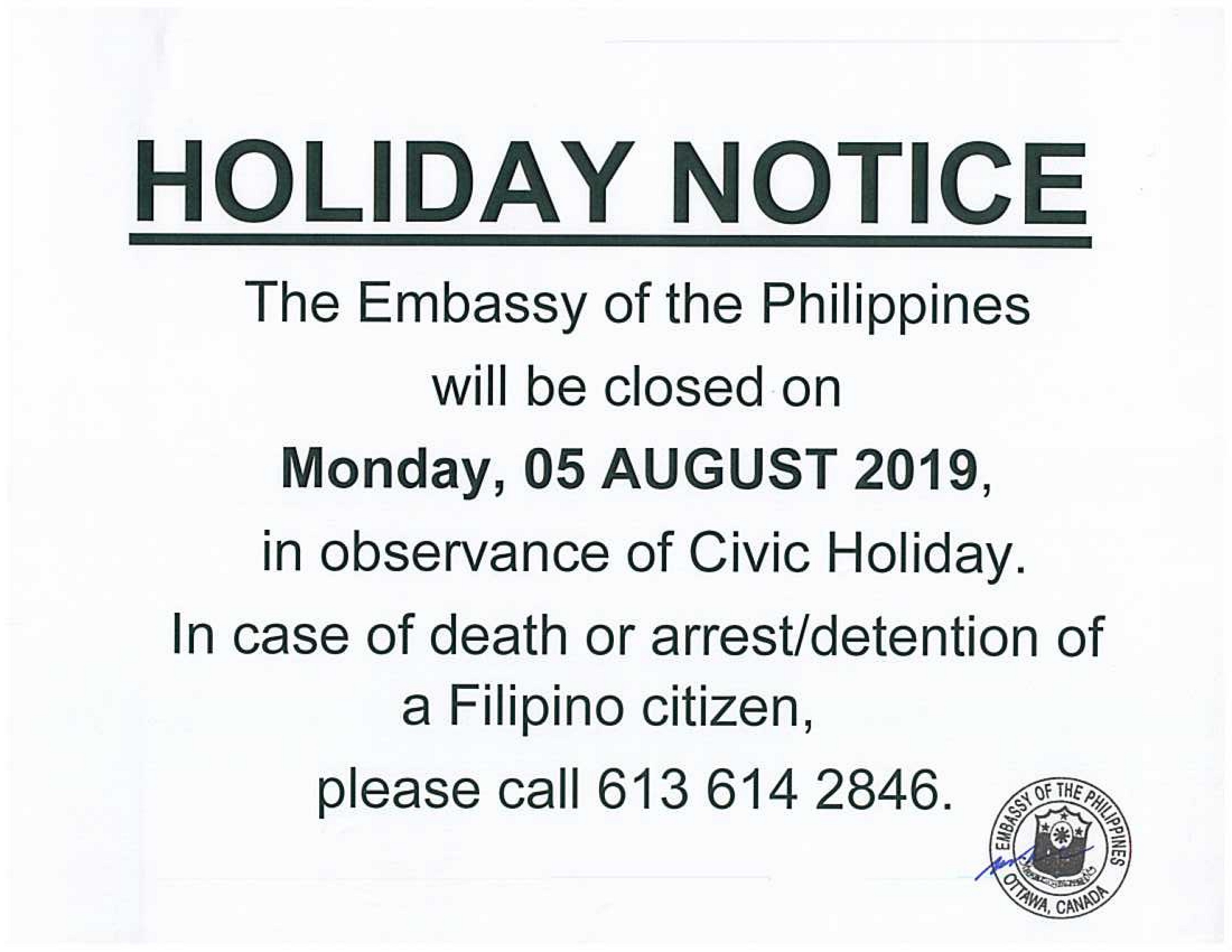 PR 127 Holiday Notice Monday 05 August 2019 in observance of Civic Holiday