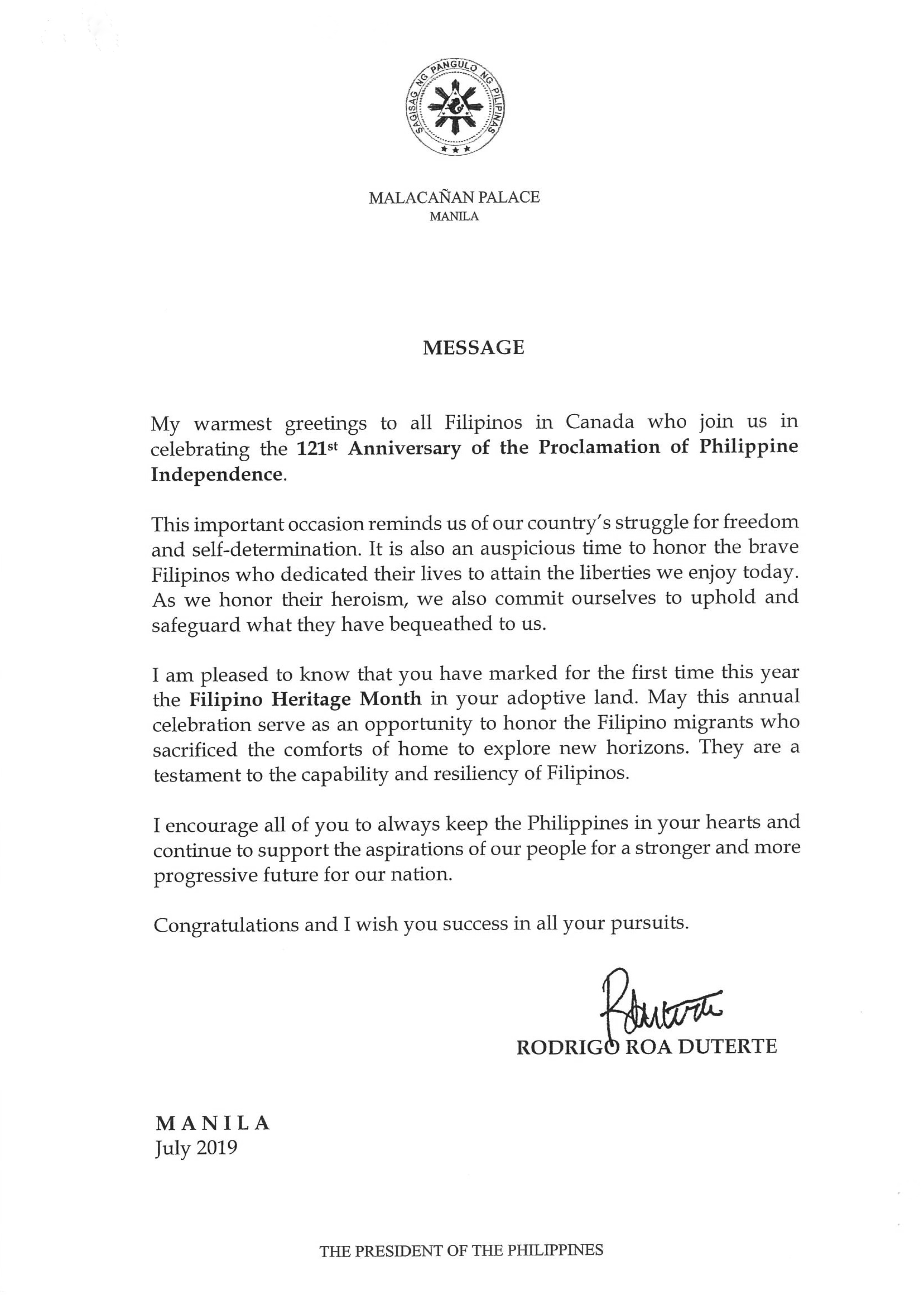PR 134 Message of PRRD 121ID PH Heritage Month