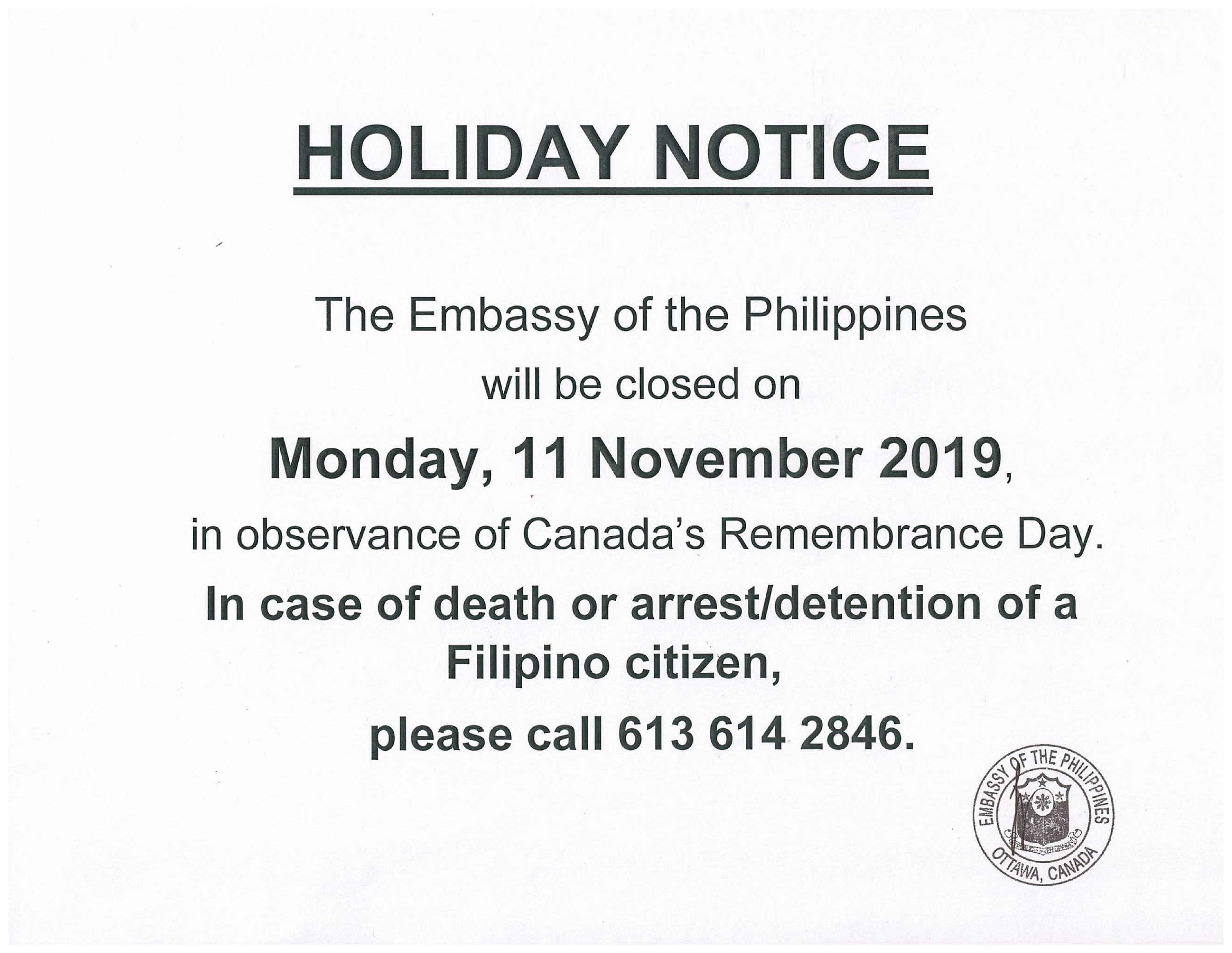 PR 177 Holiday Notice 11 Nov 2019 Remembrance Day 001