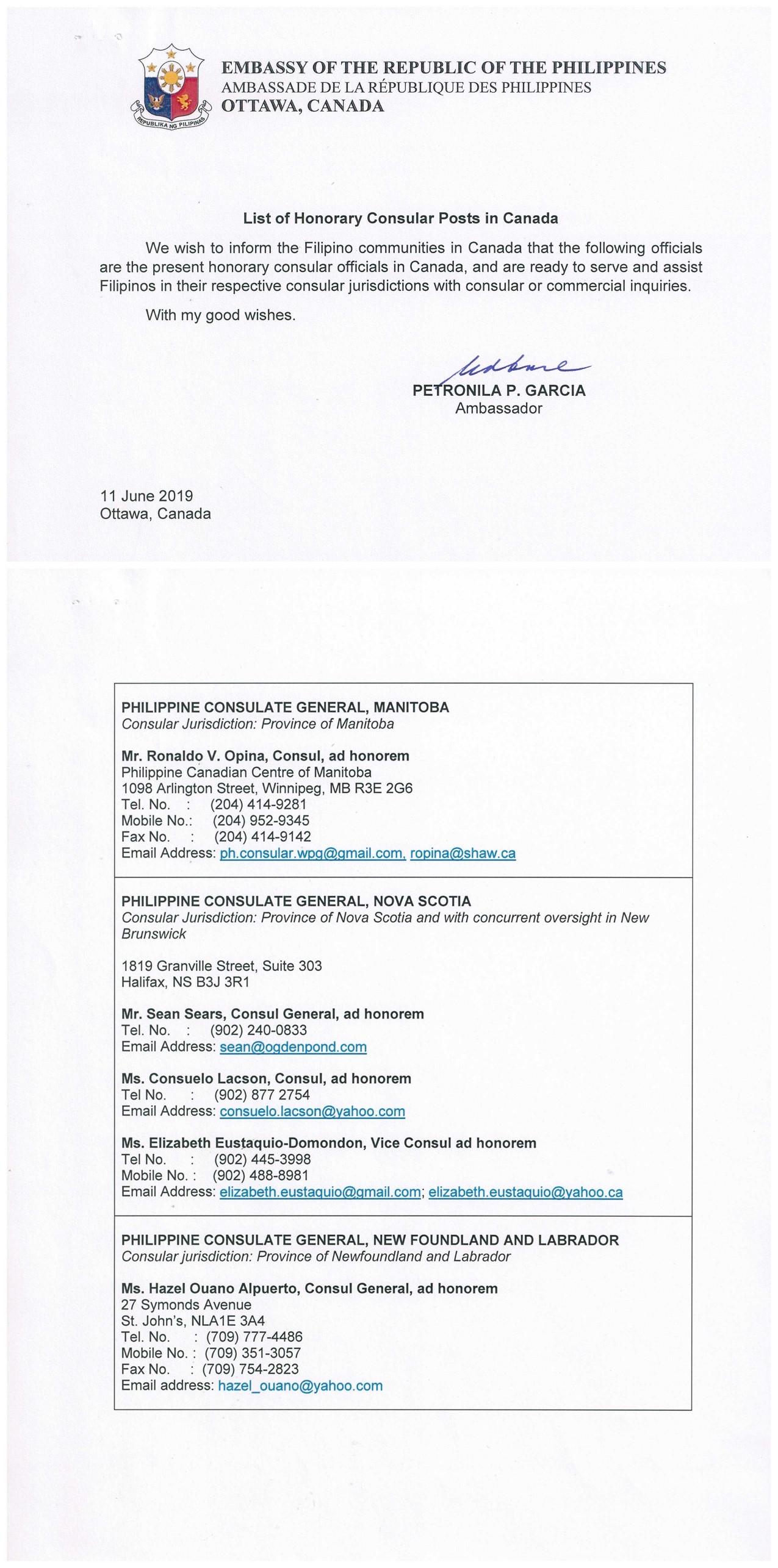 PR 91 1pg List of Honorary Consular Posts in Canada