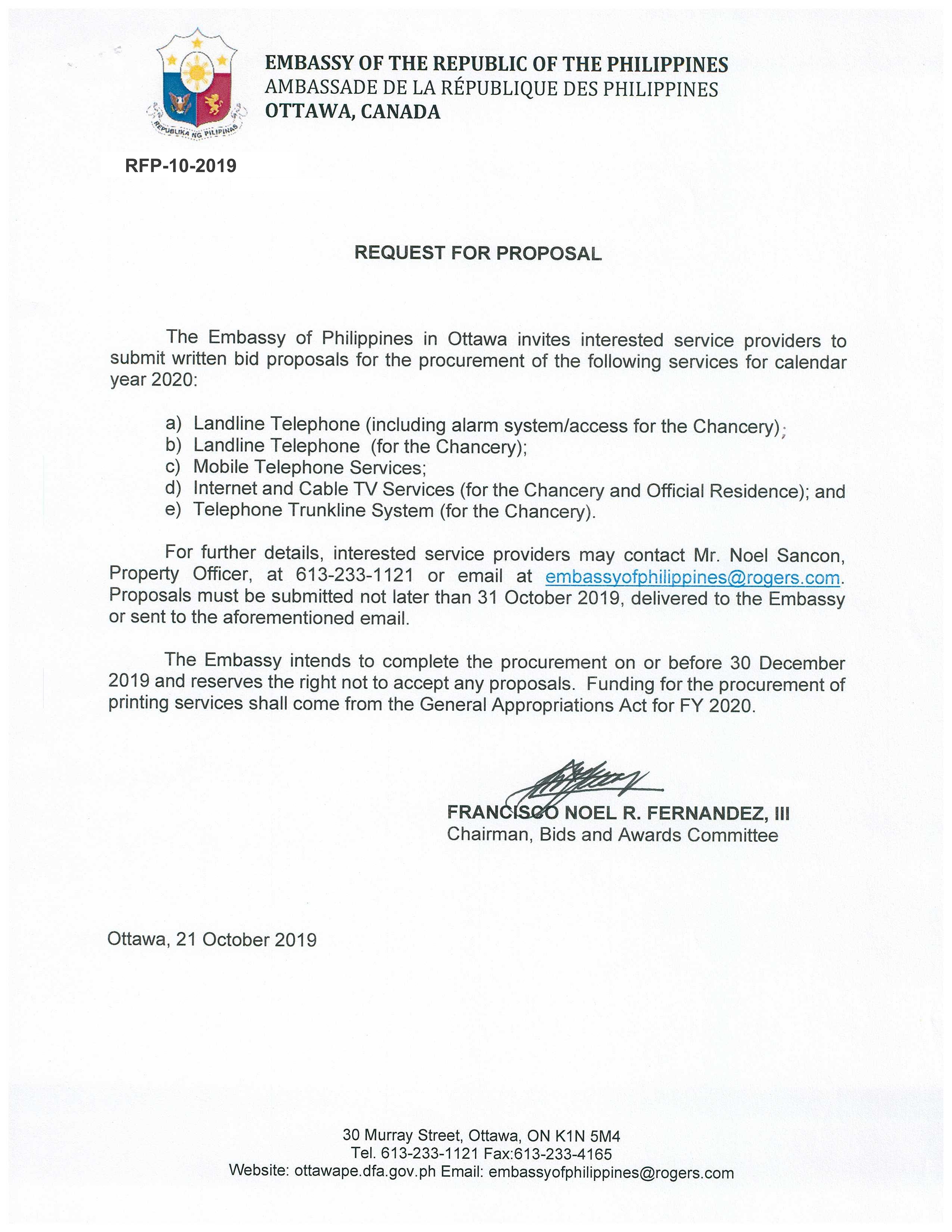 RFP 10 2019 Invitation to Submit Bid Proposals for the Procurement of Landline and Mobile Telephone Services Internet and Cable TV Services 001