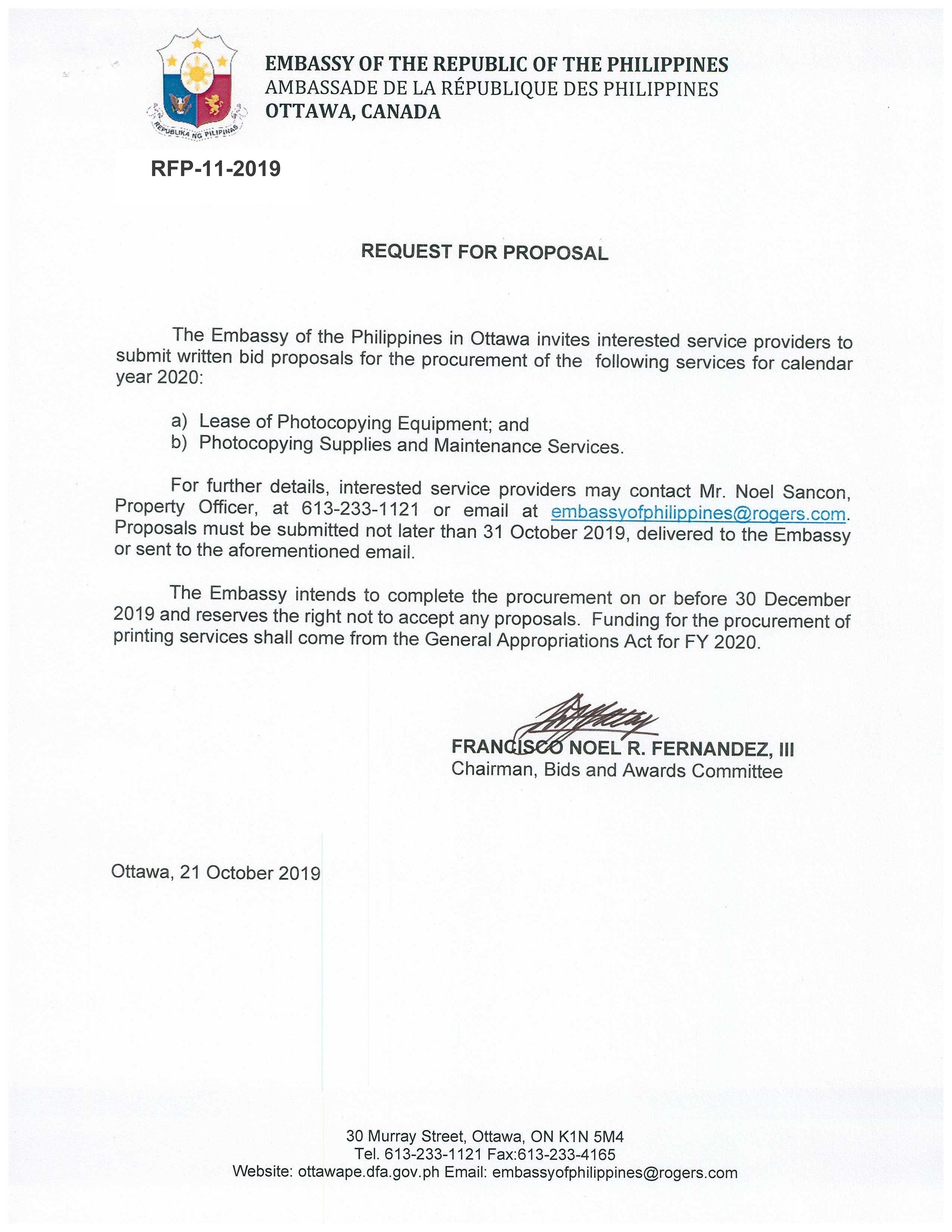 RFP 11 2019 Invitation to Submit Bid Proposals for the Procurement for the Lease of Photocopying Equipment Photocopying Supplies and Maintenance Services. 001