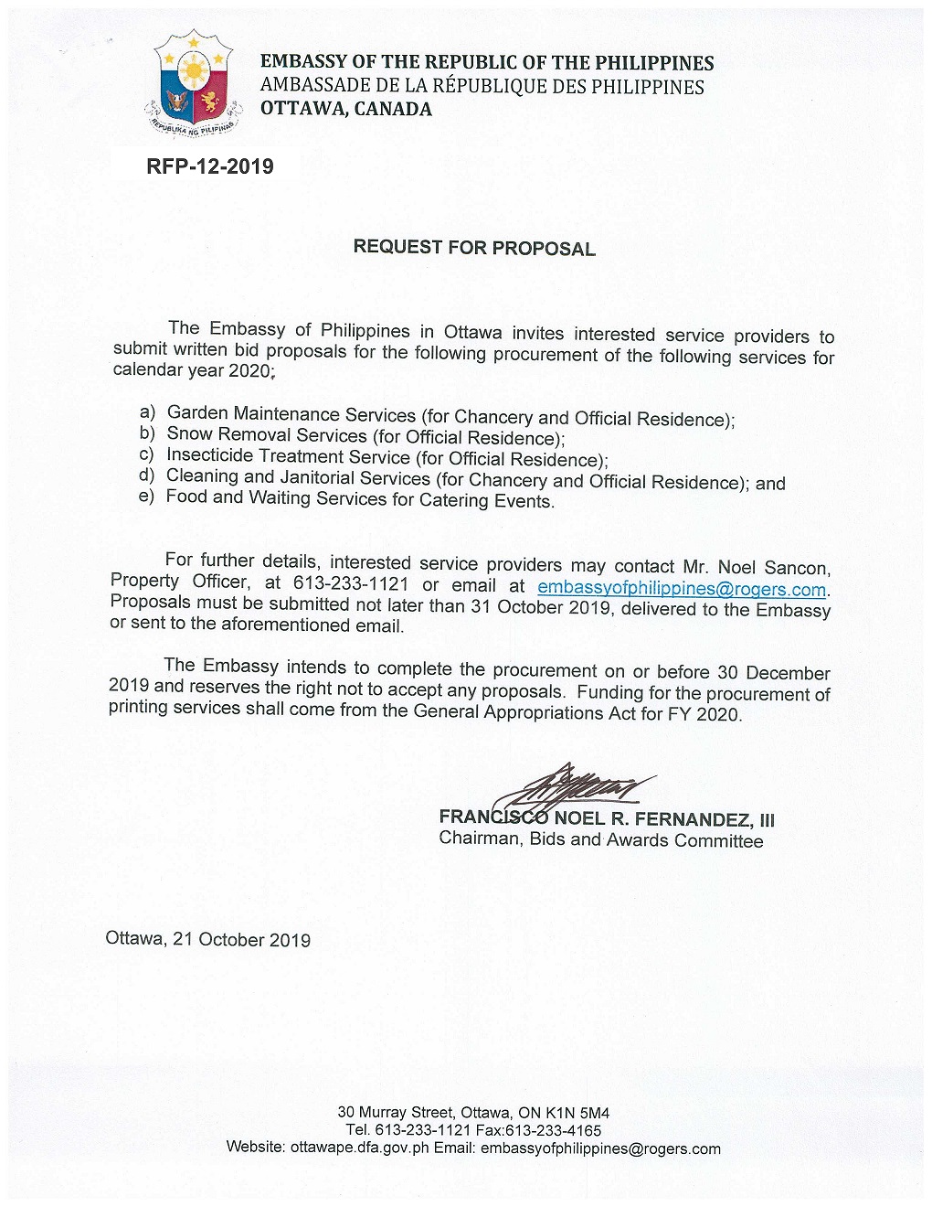 RFP 12 2019 Proposals for the Procurement of Garden Maintenance Snow Removal Insecticide Treatment Cleaning Janitorial Food and Waiting Services 001