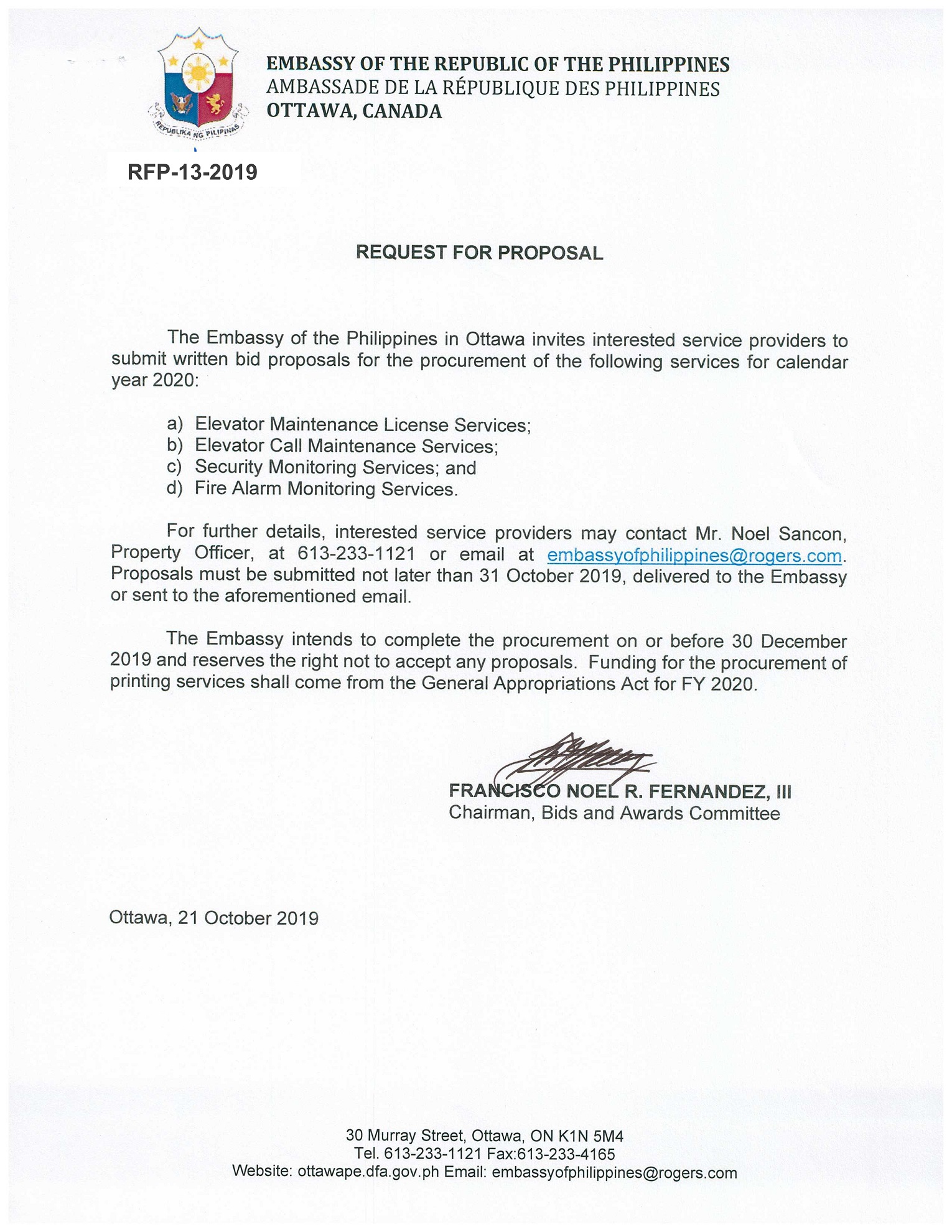 RFP 13 2019 Services for Elevator Maintenance License Elevator Call Maintenance Security Monitoring and Fire Alarm Monitoring. 001
