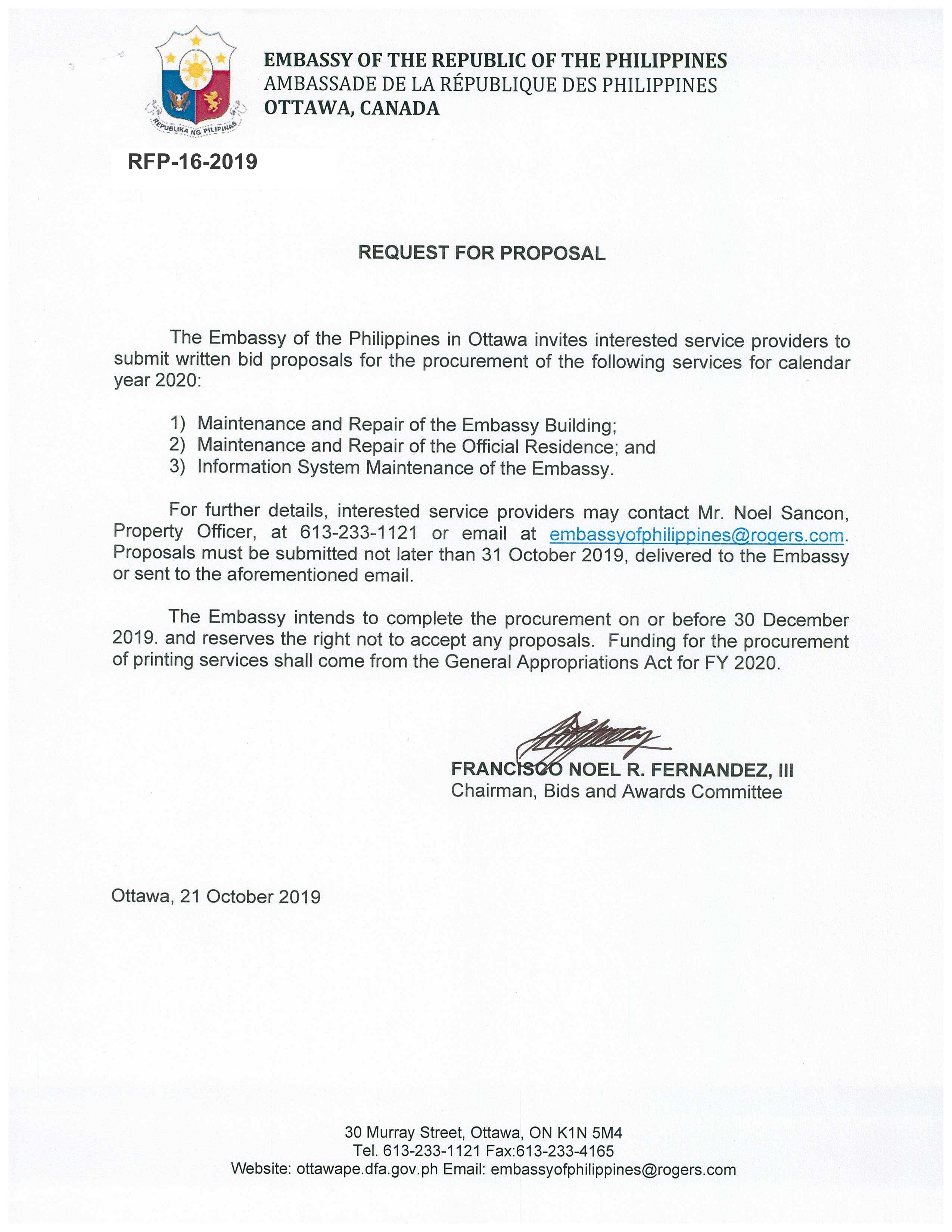 RFP 16 2019 Maintenance and Repair of the Embassy Building and Official Residence and Informatin System Maintenance of the Embassy 001