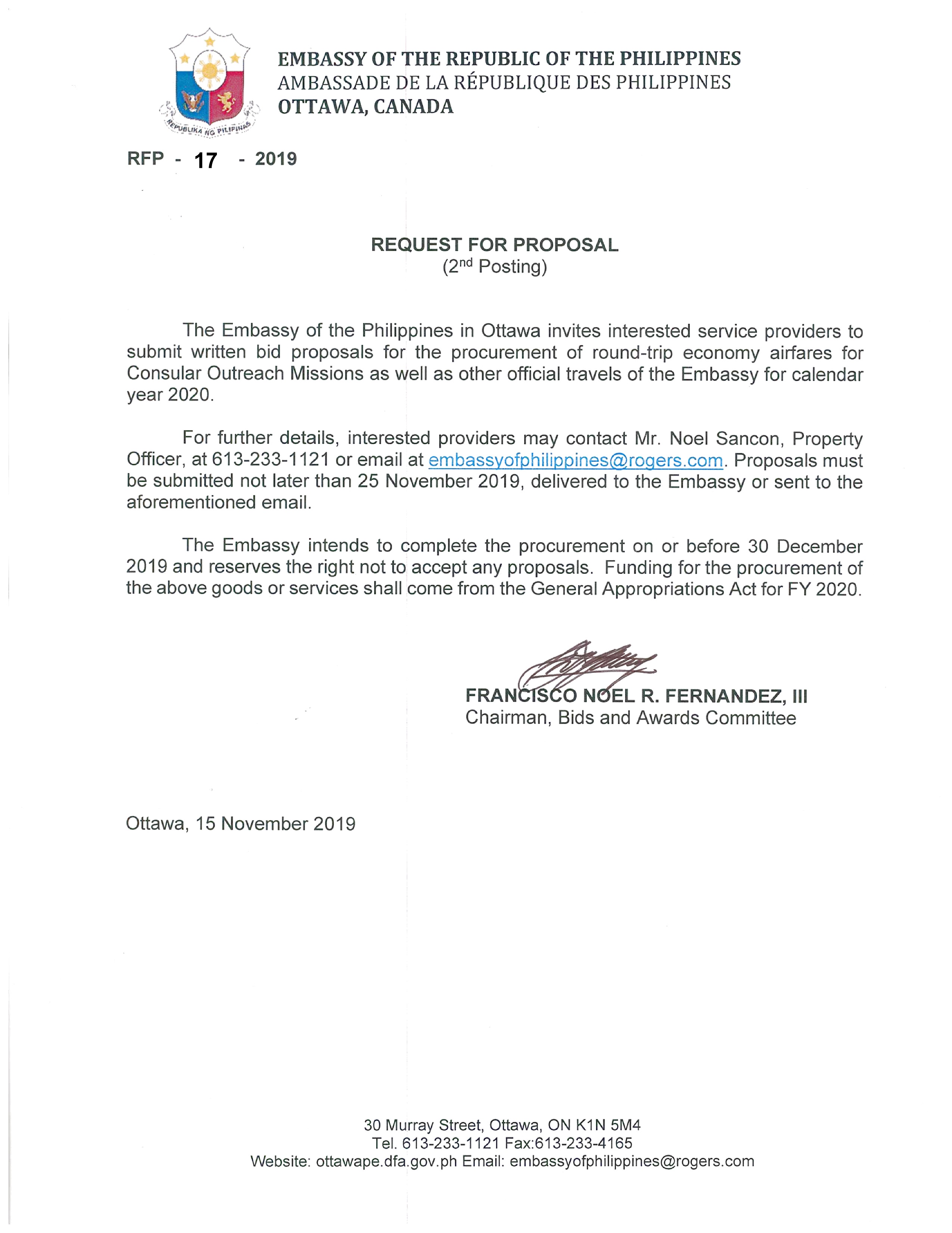 RFP 17 2019 15 Nov 19 Invitation to submit bids and proposals for airfares for consular missions and other official travels 001