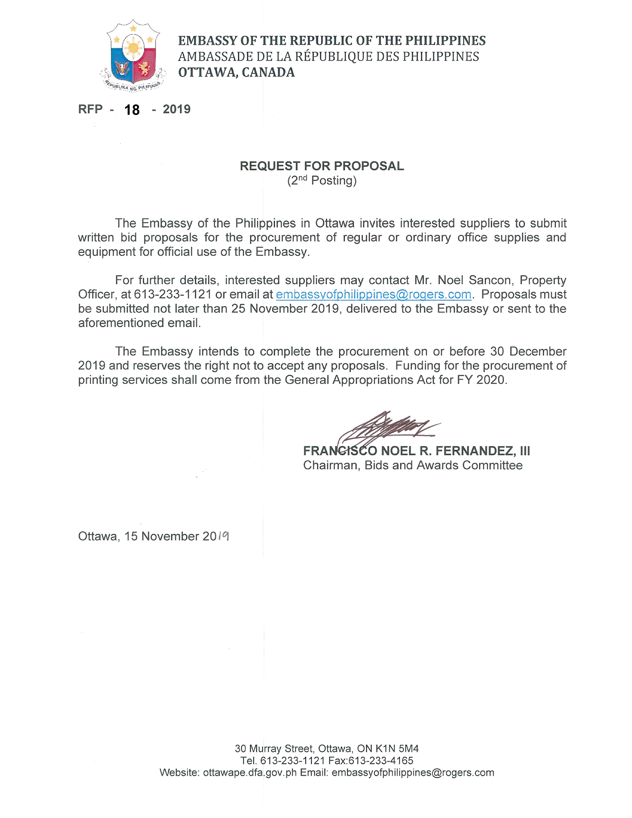 RFP 18 2019 15 Nov 19 INVITATION TO SUBMIT BIDS AND PROPOSALS FOR OFFICE SUPPLIES AND EQUIPMENT 001