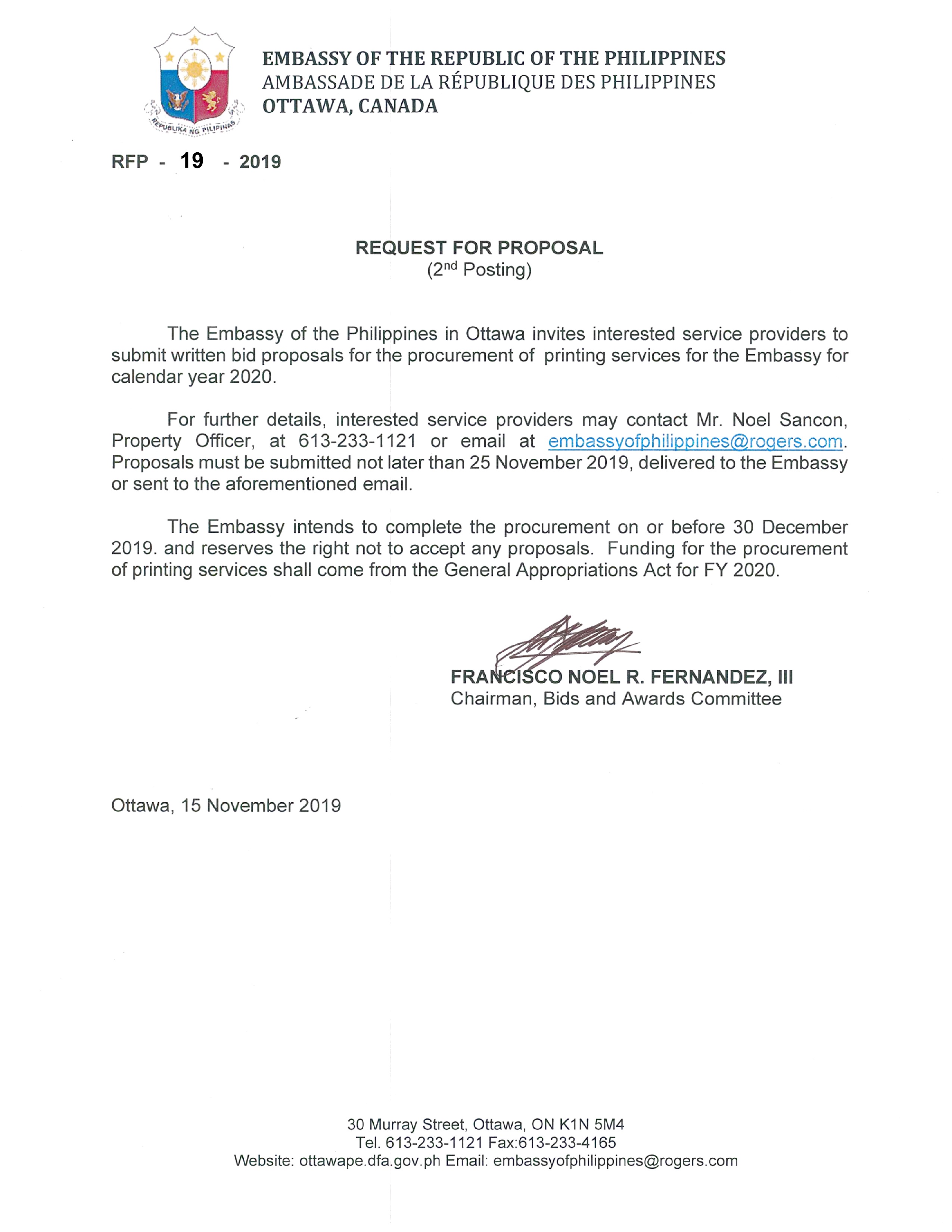 RFP 19 2019 15 Nov 19 INVITATION TO SUBMIT BIDS AND PROPOSALS FOR THE PROCUREMENT OF PRINTING SERVICES 001