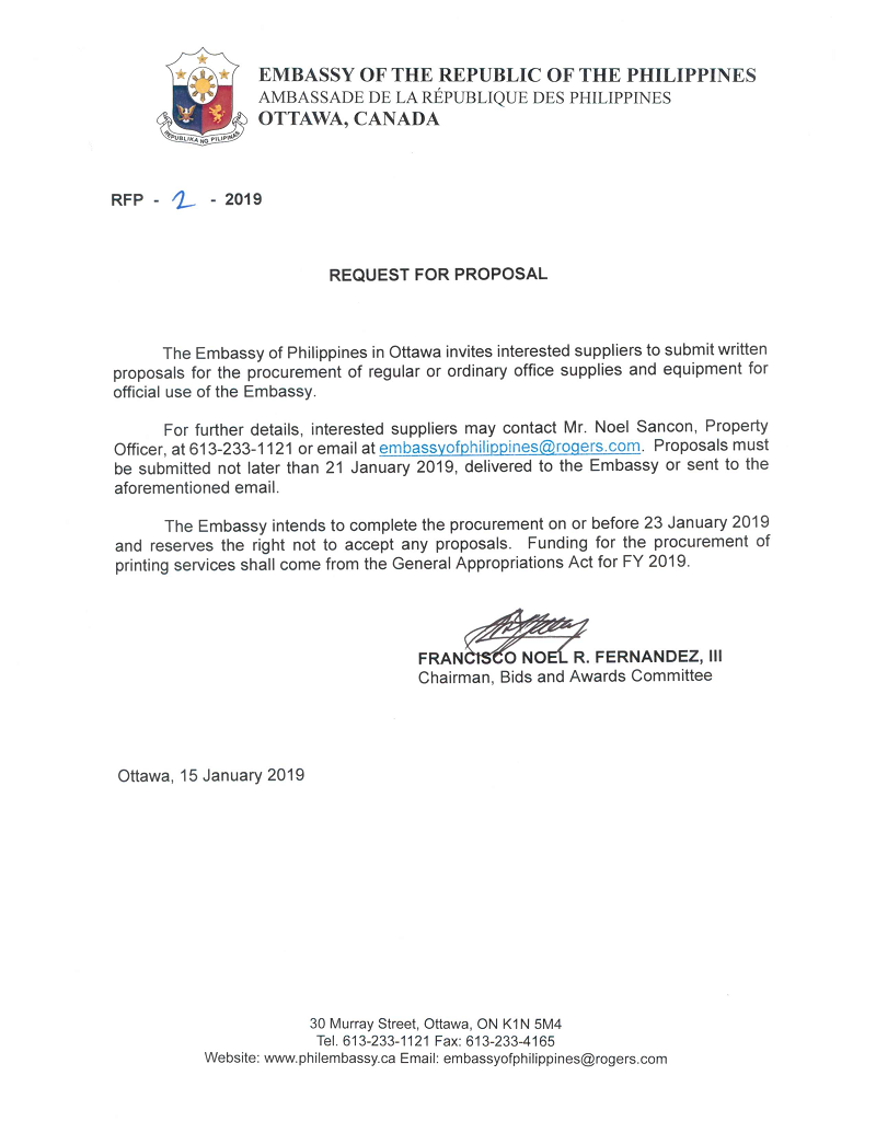 RFP 2 2019 SUBMISSION OF PROPOSALS FOR THE PROCUREMENT OF REGULAR OR ORDINARY OFFICE SUPPLIES AND EQUIPMENT