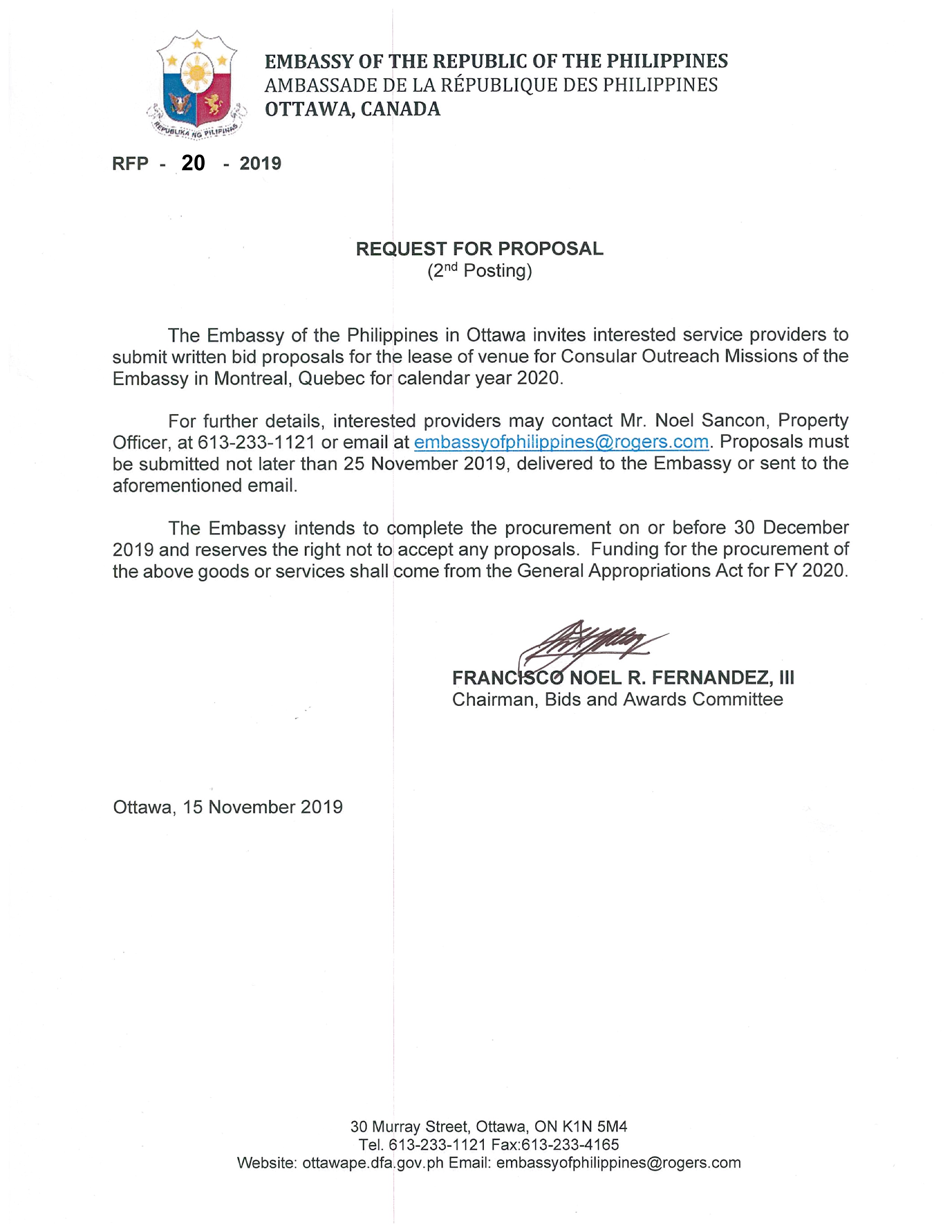 RFP 20 2019 15 Nov 19 Invitation to submit bid proposals for the Lease of Venue for Consular Outreach Missions in Montreal Quebec for 2020 001