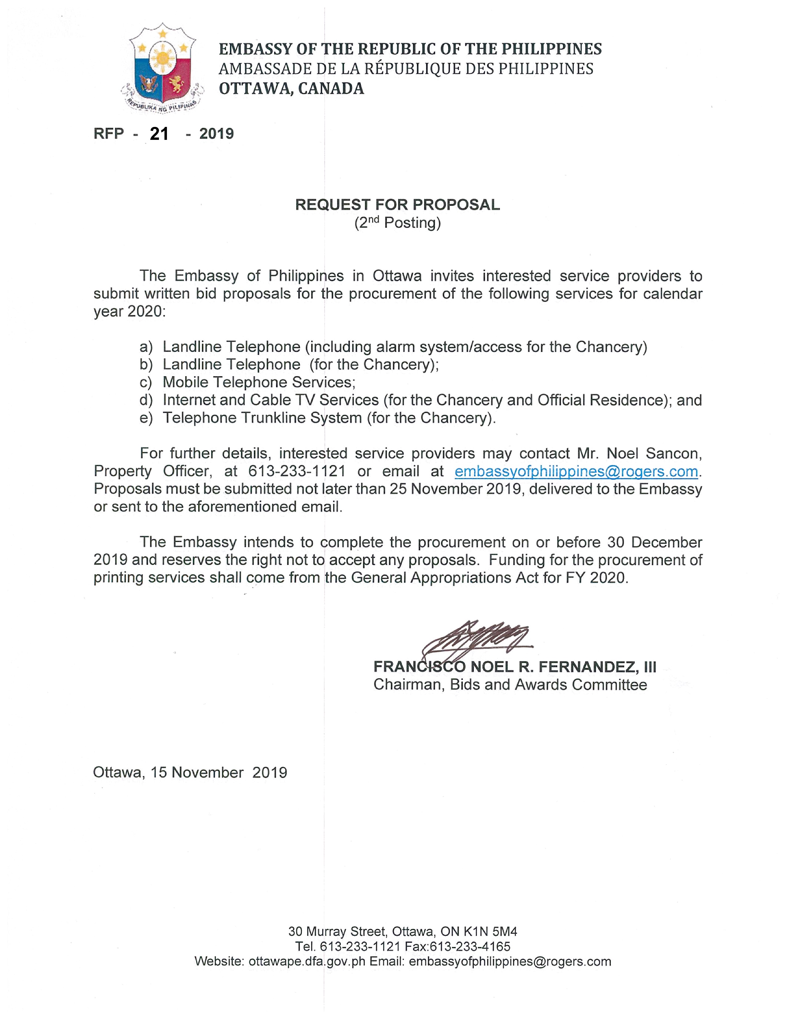 RFP 21 2019 15 Nov 19 Invitation to Submit Bid Proposals for the Procurement of Landline and Mobile Telephone Services Internet and Cable TV Services 001