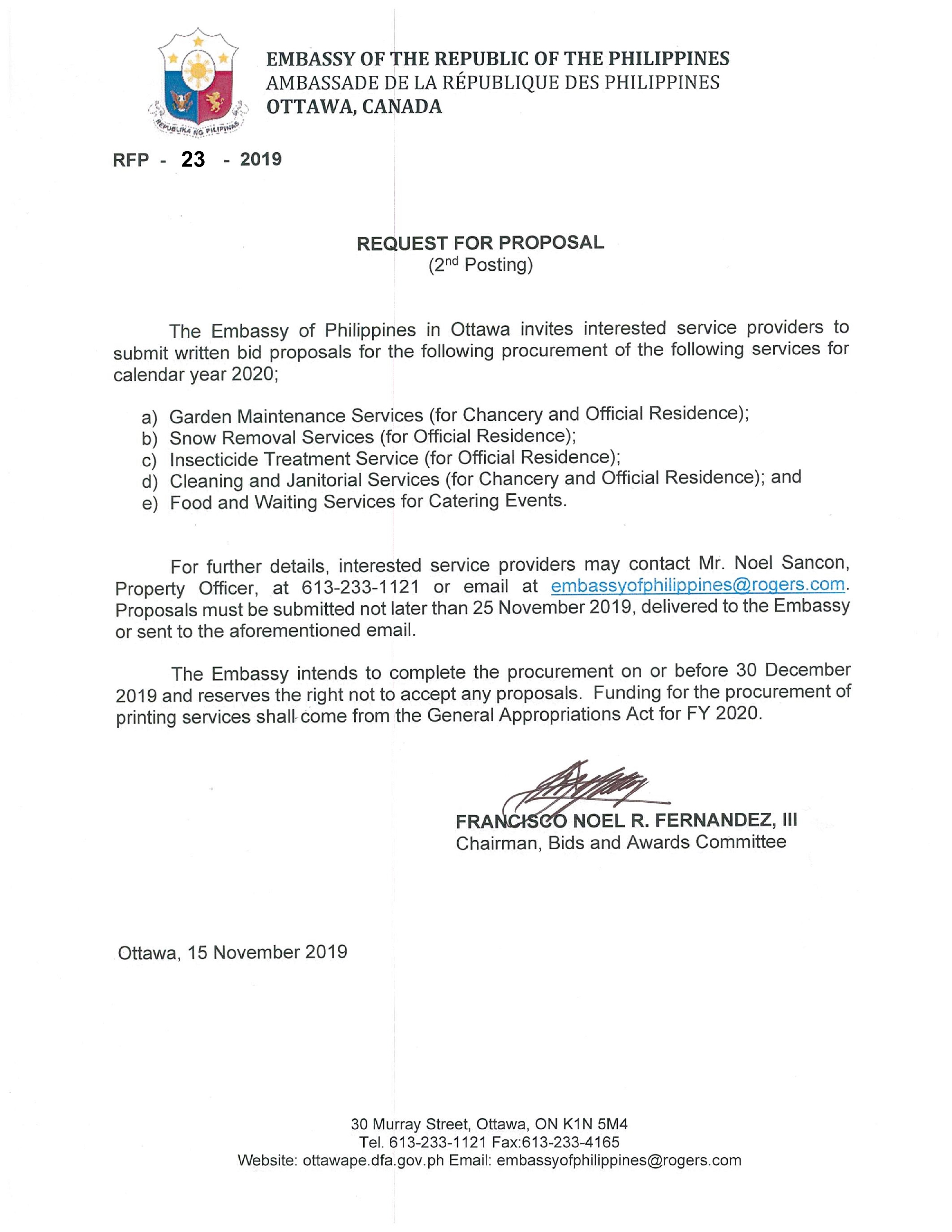 RFP 23 2019 15 Nov 19 Proposal for Garden Maintenance Snow Removal Insecticide Treatment Cleaning Janitorial Food and Waiting Services 001