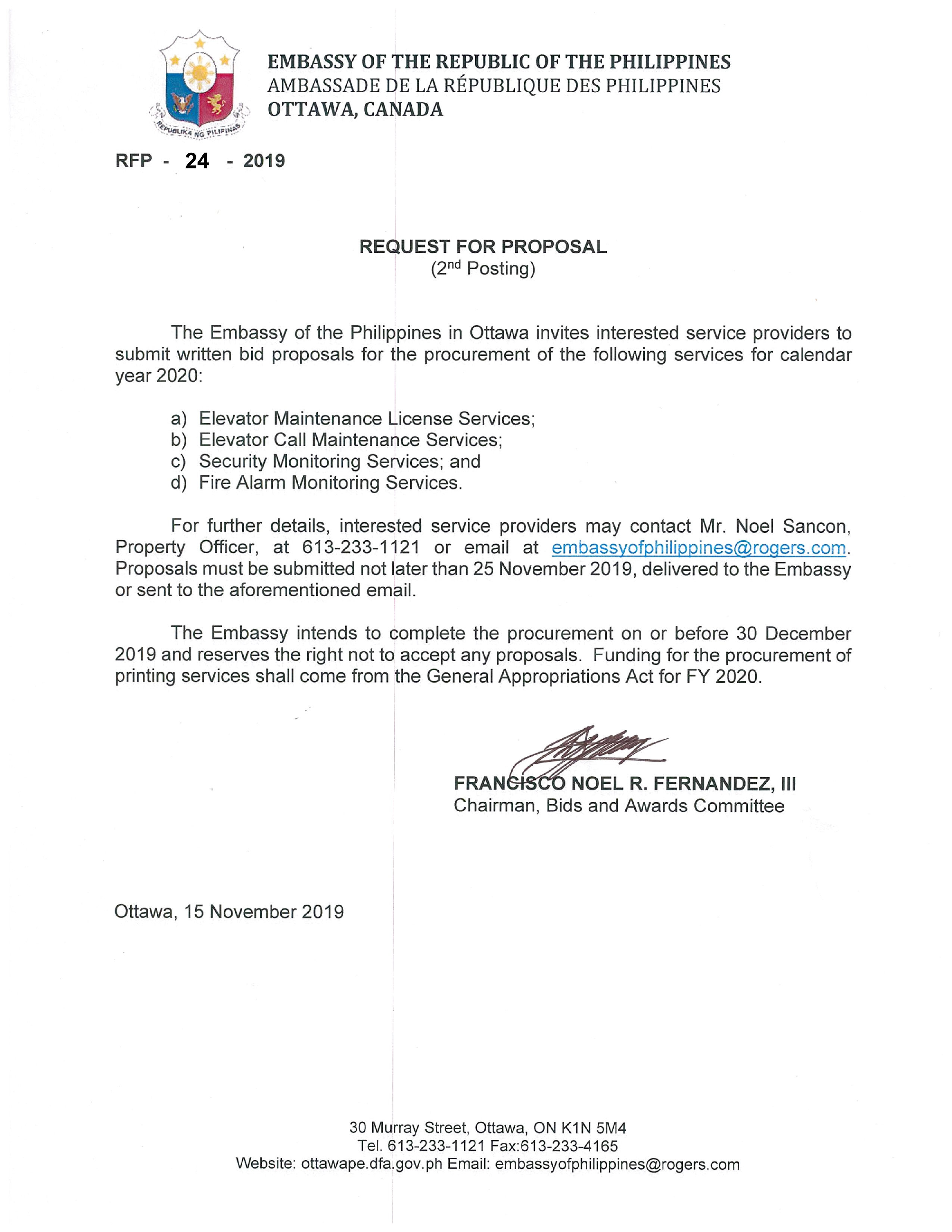 RFP 24 2019 15 Nov 19 Proposals for Services for Elevator Services Security Monitoring and Fire Alarm Monitoring. 001