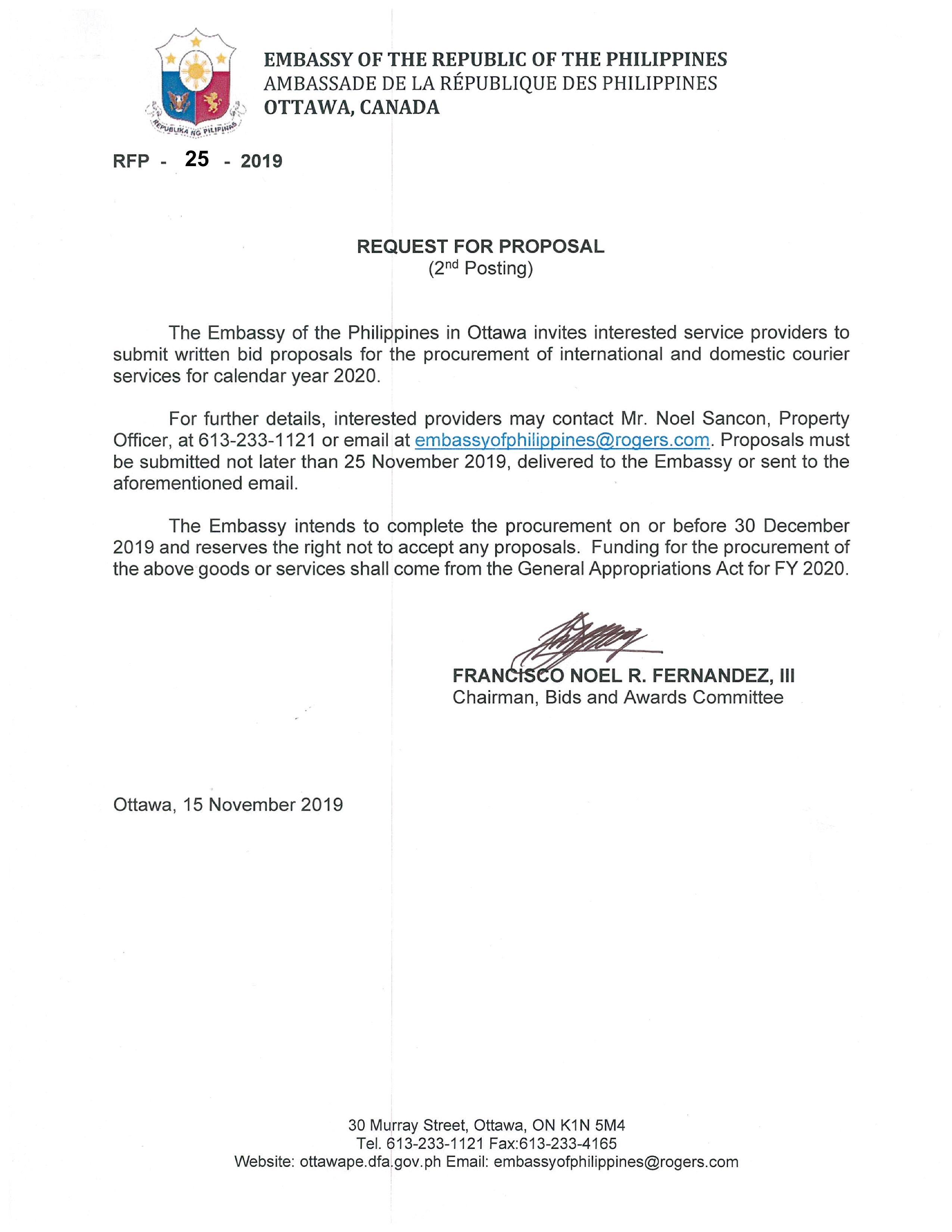 RFP 25 2019 15 Nov 19 Invitation to Submit Bid Proposals for the Procurement of International and Domestic Courier Services for Calendar year 2020
