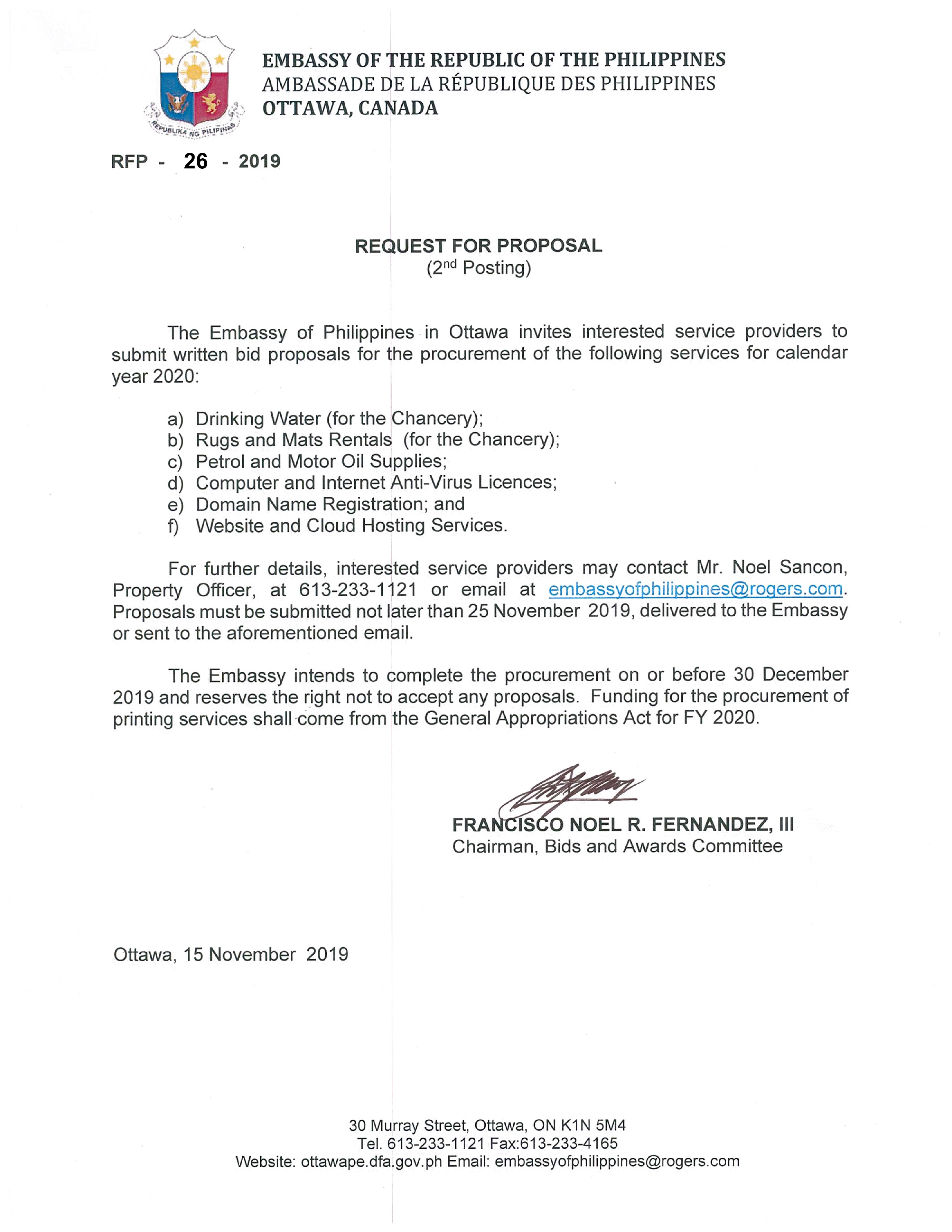 RFP 26 2019 15 Nov 19 Proposal for Drinking Water Rugs and Mats Rentals Petrol and Motor Oil Supplies Computer and Internet Services 001