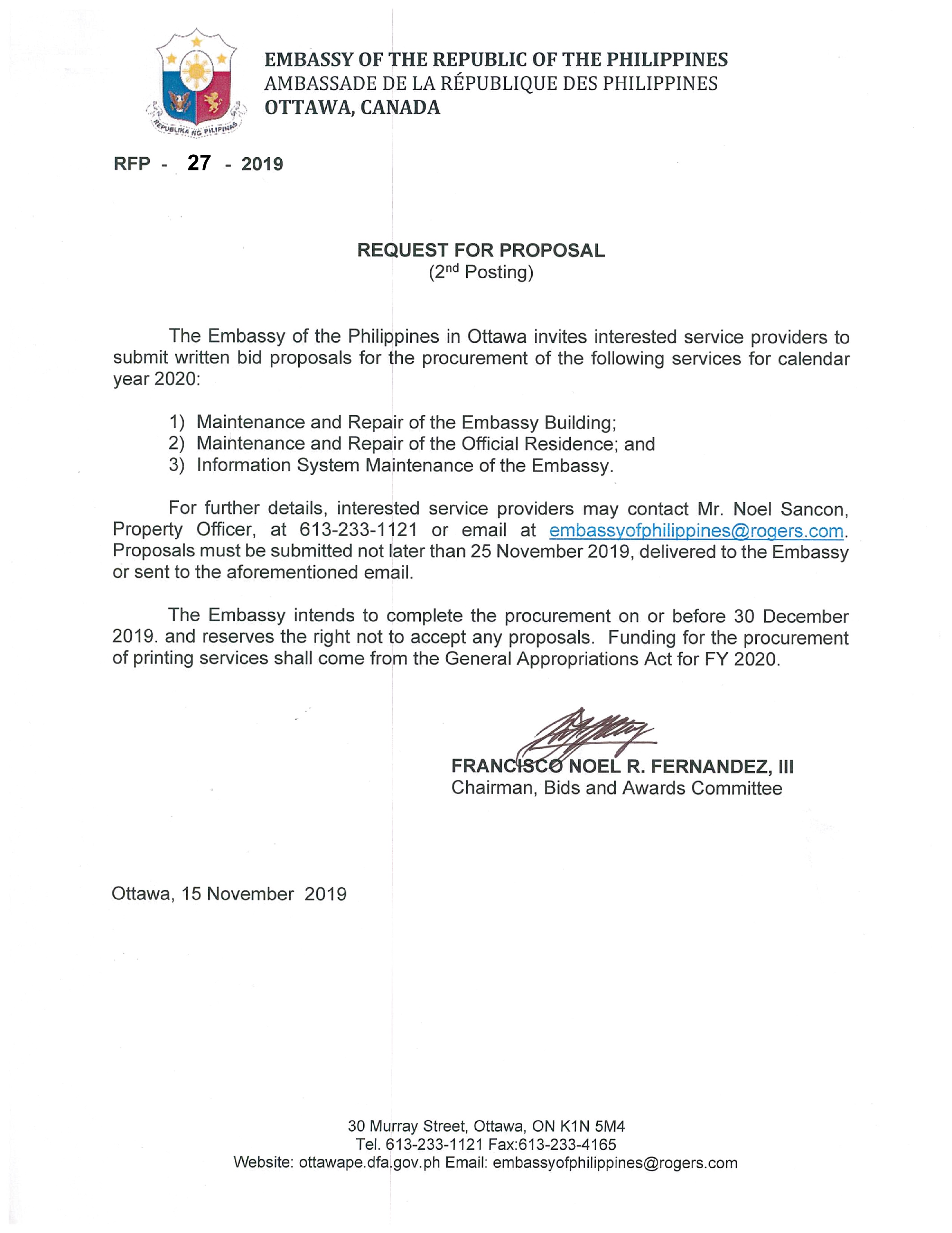 RFP 27 2019 15 Nov 19 Proposals for Maintenance and Repair of the Embassy Building Official Residence and Information System of the Embassy 001