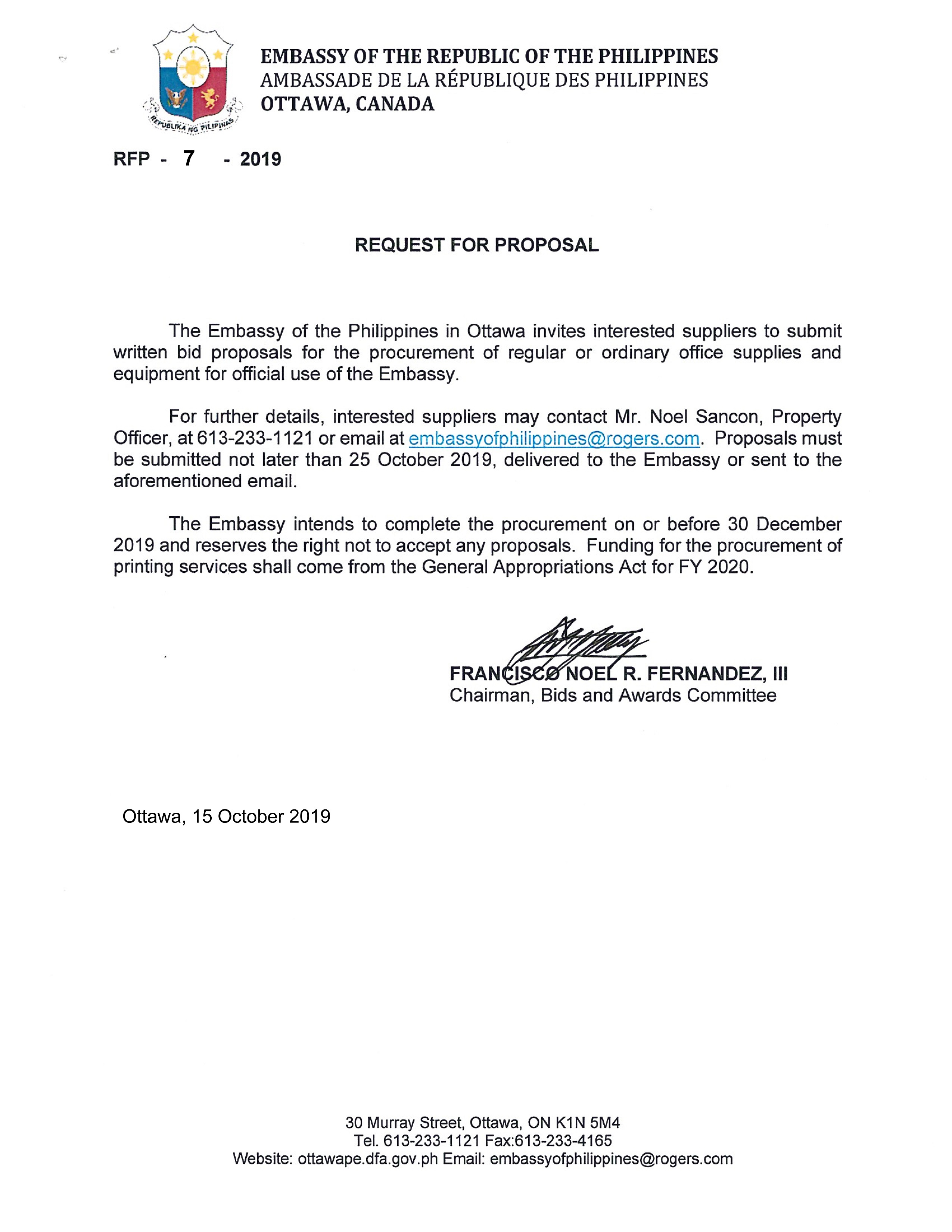 RFP 7 2019 INVITATION TO SUBMIT BIDS AND PROPOSALS FOR OFFICE SUPPLIES AND EQUIPMENT 001