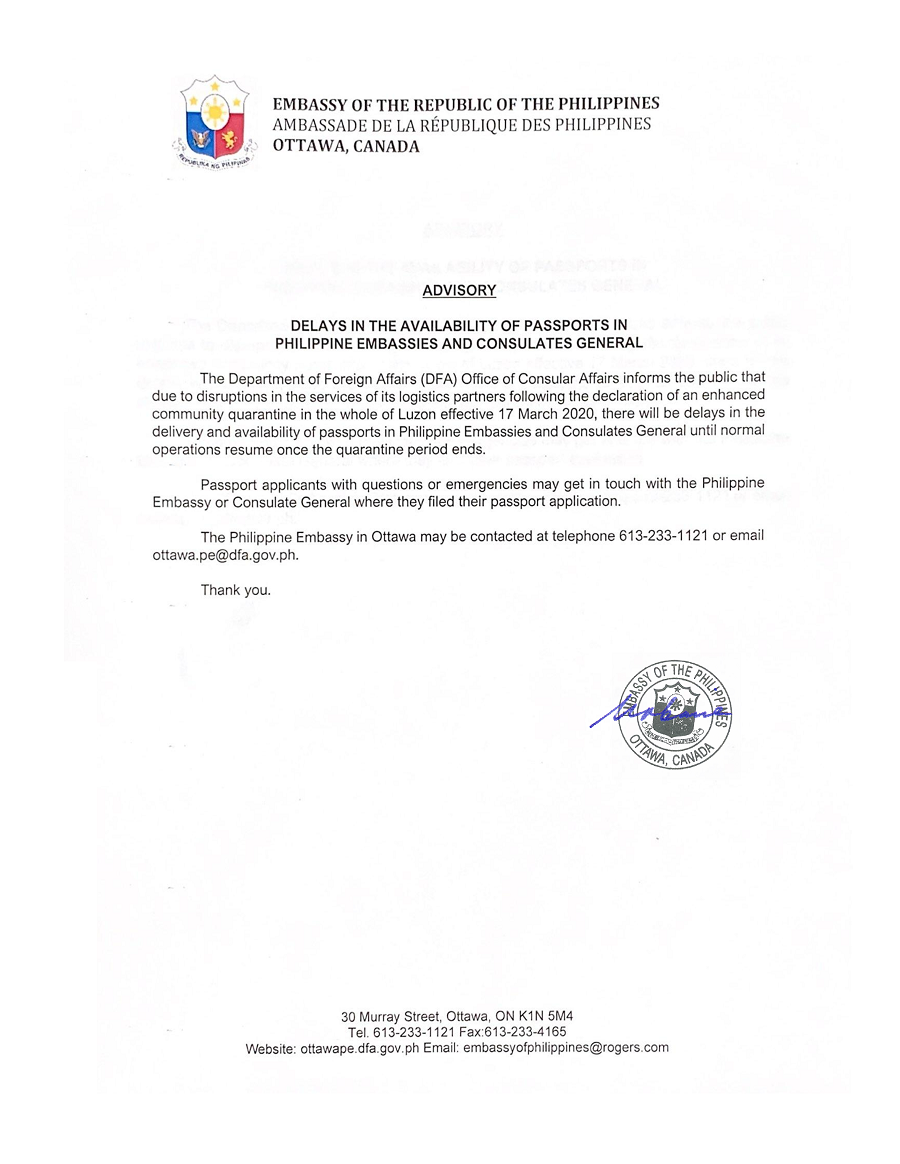 PR 42 2020 Delays in the Availability of Passports in PH embassies and Consulates General