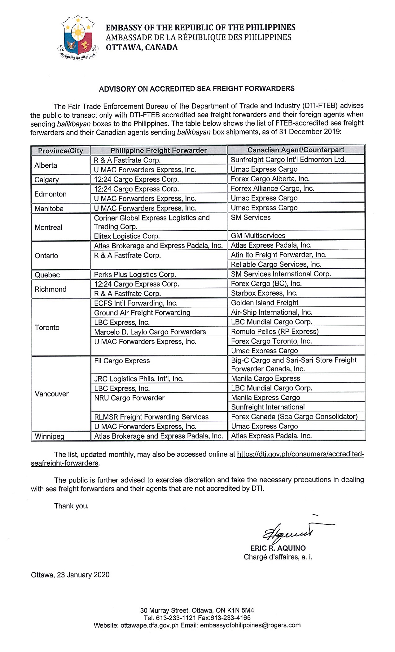 PR 11 2020 Advisory Re ACCREDITED SEA FREIGHT FORWARDERS 001