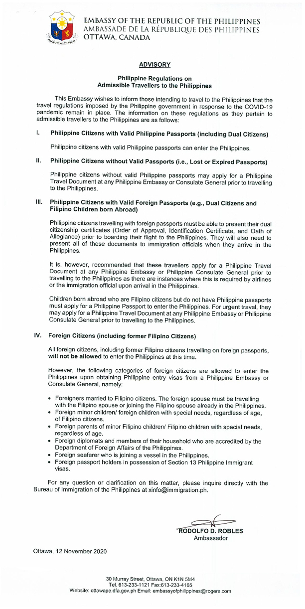 PR 124 Advisory Philippine Regulations on Admissible Travellers to Phils