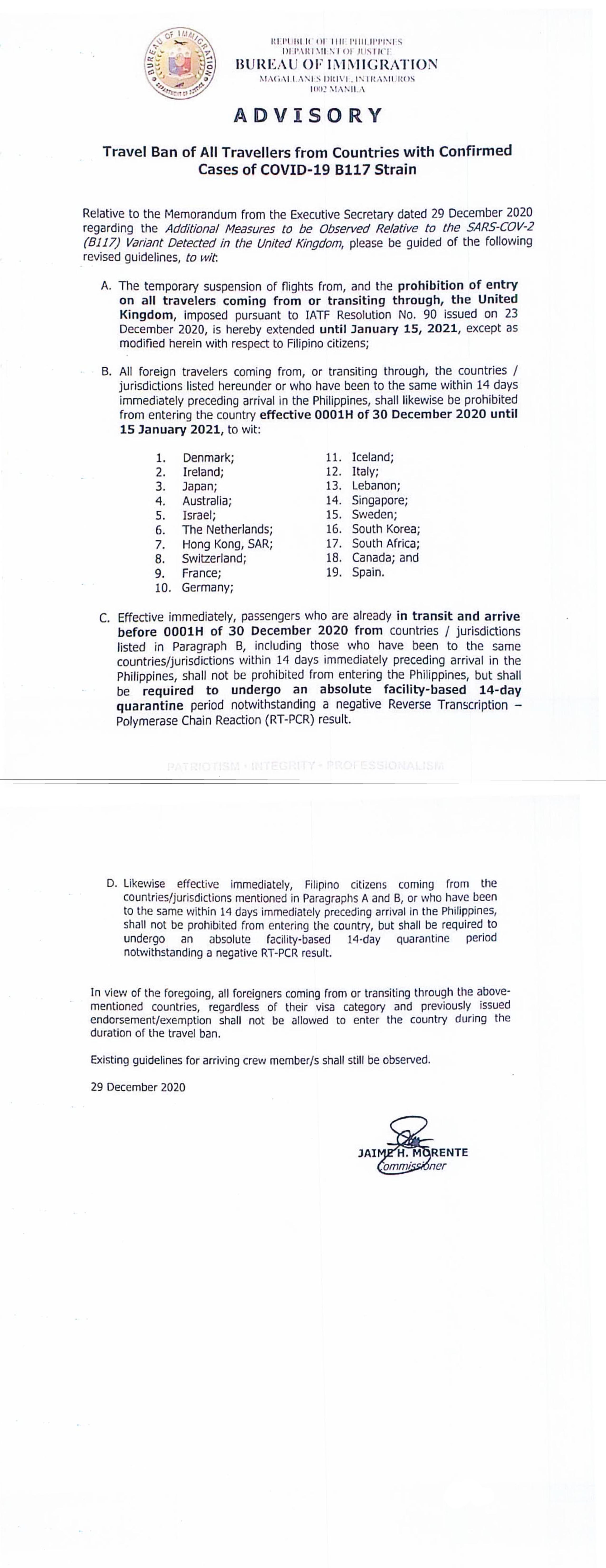 PR 149 BI Advisory Travel Bann of All Travellers COVID 19 B117 Strain 29Dec2020